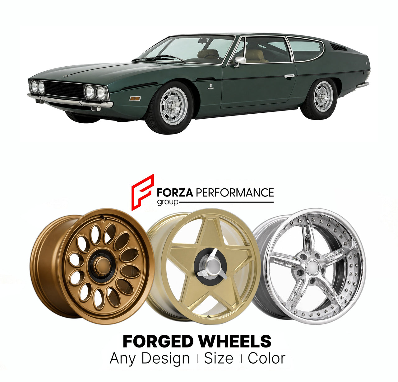 CUSTOM CLASSIC VINTAGE RESTOMOD RETRO OLD SCHOOL FORGED WHEELS RIMS for LAMBORGHINI ESPADA SERIES I 1968 - 1970

Custom forged wheels for Lamborghini Espada Series I 1968 - 1970. Classic, vintage, restomod wheel designs made to order in custom sizes, offsets, colors and finishes.

We manufacture premium quality forged wheels rims for Lamborghini Espada Series I 1968 - 1970 in any design, size, color.

THIS WHEEL DESIGN CAN BE CUSTOM-MADE FOR YOUR CAR IN ANY SIZE AND COLOR OPTIONS
Available in monoblock, 2-p