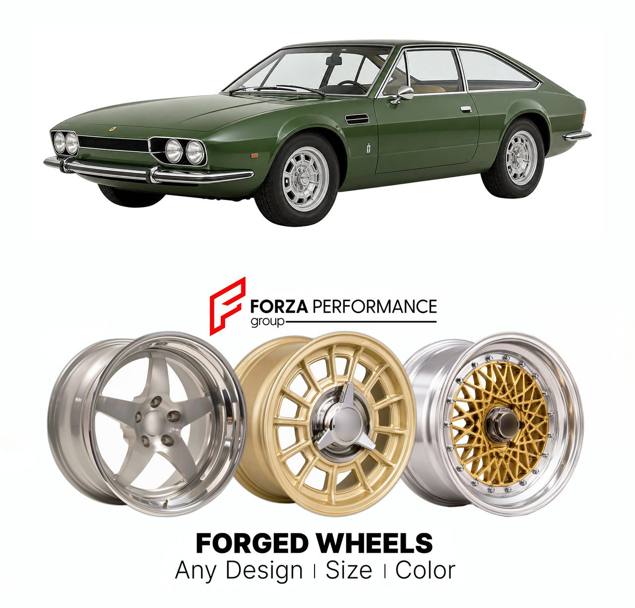 CUSTOM CLASSIC VINTAGE RESTOMOD RETRO OLD SCHOOL FORGED WHEELS RIMS for LAMBORGHINI JARAMA 1970 - 1976

Custom forged wheels for Lamborghini Jarama 1970 - 1976. Classic, vintage, restomod wheel designs made to order in custom sizes, offsets, colors and finishes.

We manufacture premium quality forged wheels rims for Lamborghini Jarama 1970 - 1976 in any design, size, color.

THIS WHEEL DESIGN CAN BE CUSTOM-MADE FOR YOUR CAR IN ANY SIZE AND COLOR OPTIONS
Available in monoblock, 2-piece, 3-piece, duoblock, be