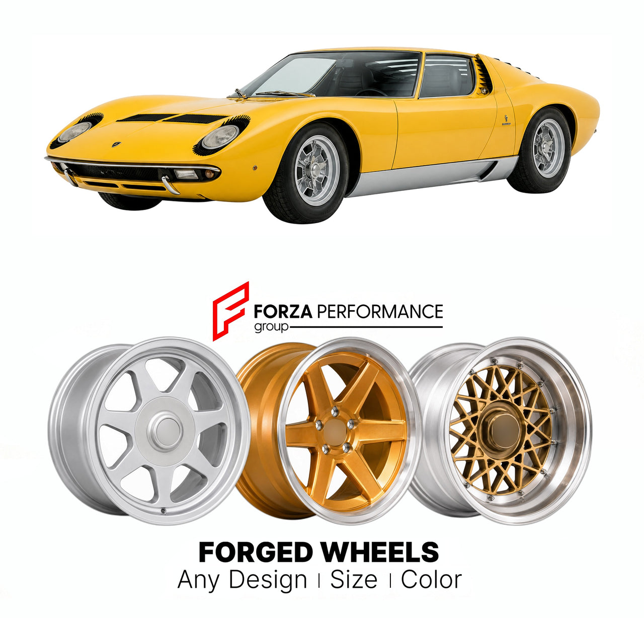 CUSTOM CLASSIC VINTAGE RESTOMOD RETRO OLD SCHOOL FORGED WHEELS RIMS for LAMBORGHINI MIURA P400S 1968 - 1971

Custom forged wheels for Lamborghini Miura P400S 1968 - 1971. Classic, vintage, restomod wheel designs made to order in custom sizes, offsets, colors and finishes.

We manufacture premium quality forged wheels rims for Lamborghini Miura P400S 1968 - 1971 in any design, size, color.

THIS WHEEL DESIGN CAN BE CUSTOM-MADE FOR YOUR CAR IN ANY SIZE AND COLOR OPTIONS
Available in monoblock, 2-piece, 3-piec