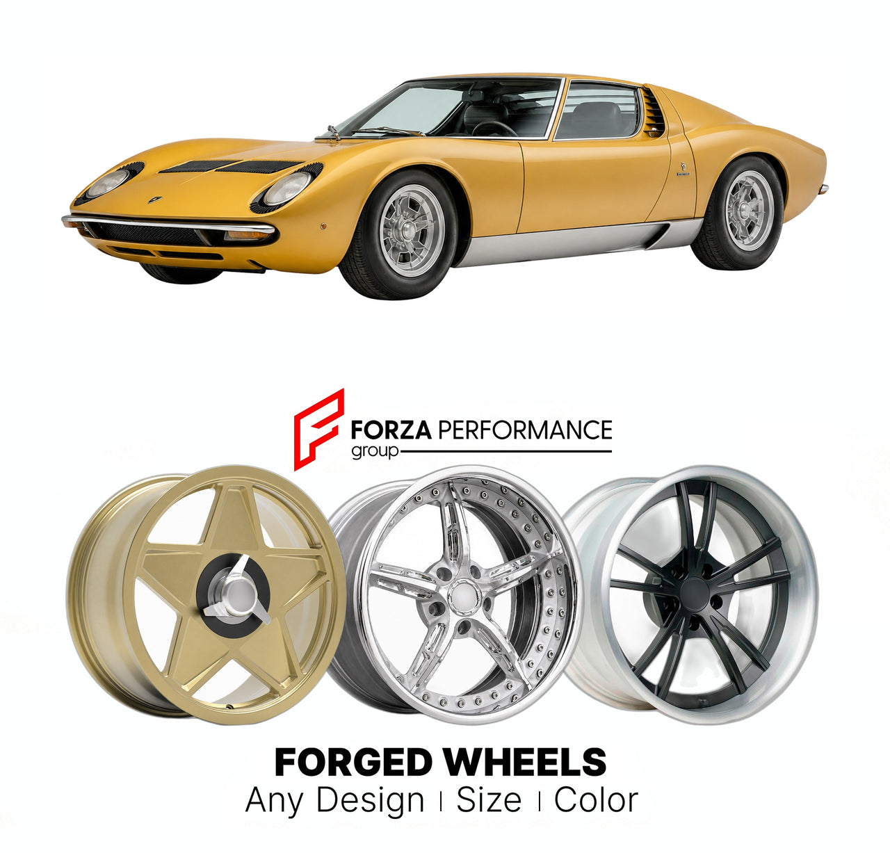 CUSTOM CLASSIC VINTAGE RESTOMOD RETRO OLD SCHOOL FORGED WHEELS RIMS for LAMBORGHINI MIURA P400 1966 - 1969

Custom forged wheels for Lamborghini Miura P400 1966 - 1969. Classic, vintage, restomod wheel designs made to order in custom sizes, offsets, colors and finishes.

We manufacture premium quality forged wheels rims for Lamborghini Miura P400 1966 - 1969 in any design, size, color.

THIS WHEEL DESIGN CAN BE CUSTOM-MADE FOR YOUR CAR IN ANY SIZE AND COLOR OPTIONS
Available in monoblock, 2-piece, 3-piece, 