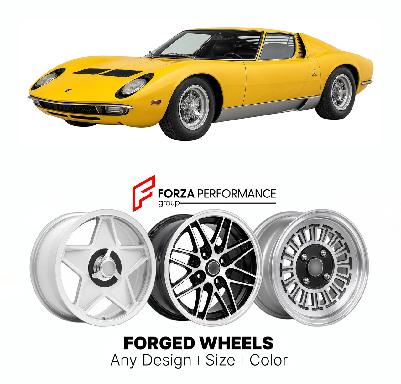 CUSTOM CLASSIC VINTAGE RESTOMOD RETRO OLD SCHOOL FORGED WHEELS RIMS for LAMBORGHINI MIURA P400 S SV 1966 - 1973

Custom forged wheels for Lamborghini Miura P400 S SV 1966 - 1973. Classic, vintage, restomod wheel designs made to order in custom sizes, offsets, colors and finishes.

We manufacture premium quality forged wheels rims for Lamborghini Miura P400 S SV 1966 - 1973 in any design, size, color.

THIS WHEEL DESIGN CAN BE CUSTOM-MADE FOR YOUR CAR IN ANY SIZE AND COLOR OPTIONS
Available in monoblock, 2-p