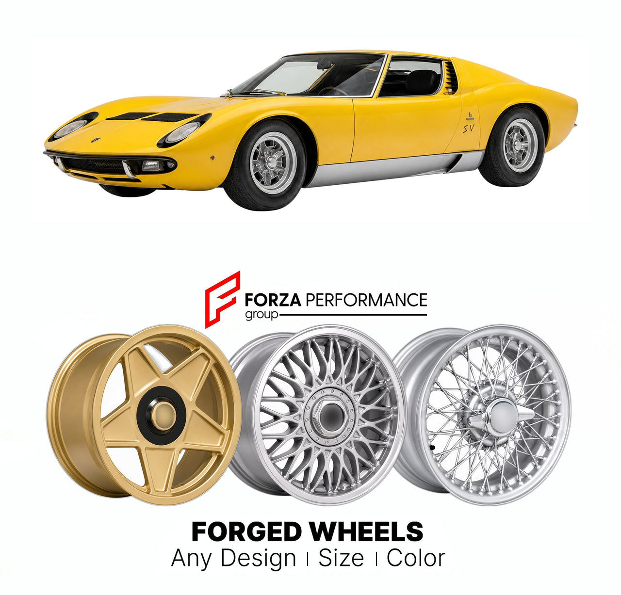 CUSTOM CLASSIC VINTAGE RESTOMOD RETRO OLD SCHOOL FORGED WHEELS RIMS for LAMBORGHINI MIURA SV 1971 - 1973

Custom forged wheels for Lamborghini Miura SV 1971 - 1973. Classic, vintage, restomod wheel designs made to order in custom sizes, offsets, colors and finishes.

We manufacture premium quality forged wheels rims for Lamborghini Miura SV 1971 - 1973 in any design, size, color.

THIS WHEEL DESIGN CAN BE CUSTOM-MADE FOR YOUR CAR IN ANY SIZE AND COLOR OPTIONS
Available in monoblock, 2-piece, 3-piece, duoblo