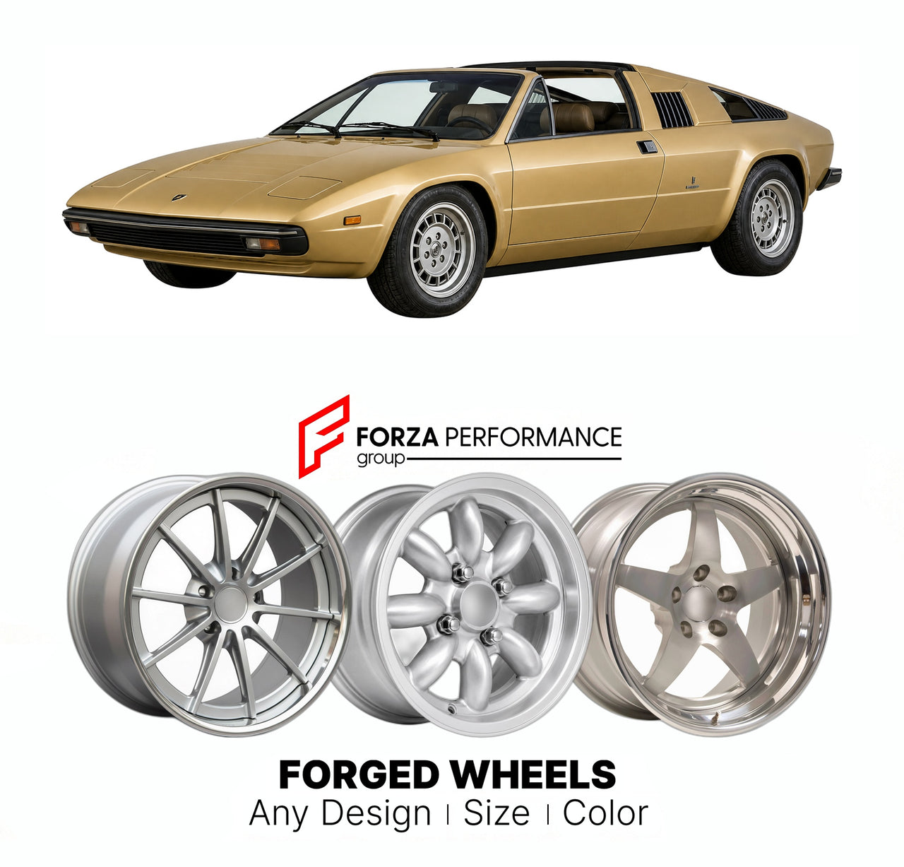 CUSTOM CLASSIC VINTAGE RESTOMOD RETRO OLD SCHOOL FORGED WHEELS RIMS for LAMBORGHINI SILHOUETTE 1976 - 1979

Custom forged wheels for Lamborghini Silhouette 1976 - 1979. Classic, vintage, restomod wheel designs made to order in custom sizes, offsets, colors and finishes.

We manufacture premium quality forged wheels rims for Lamborghini Silhouette 1976 - 1979 in any design, size, color.

THIS WHEEL DESIGN CAN BE CUSTOM-MADE FOR YOUR CAR IN ANY SIZE AND COLOR OPTIONS
Available in monoblock, 2-piece, 3-piece, 