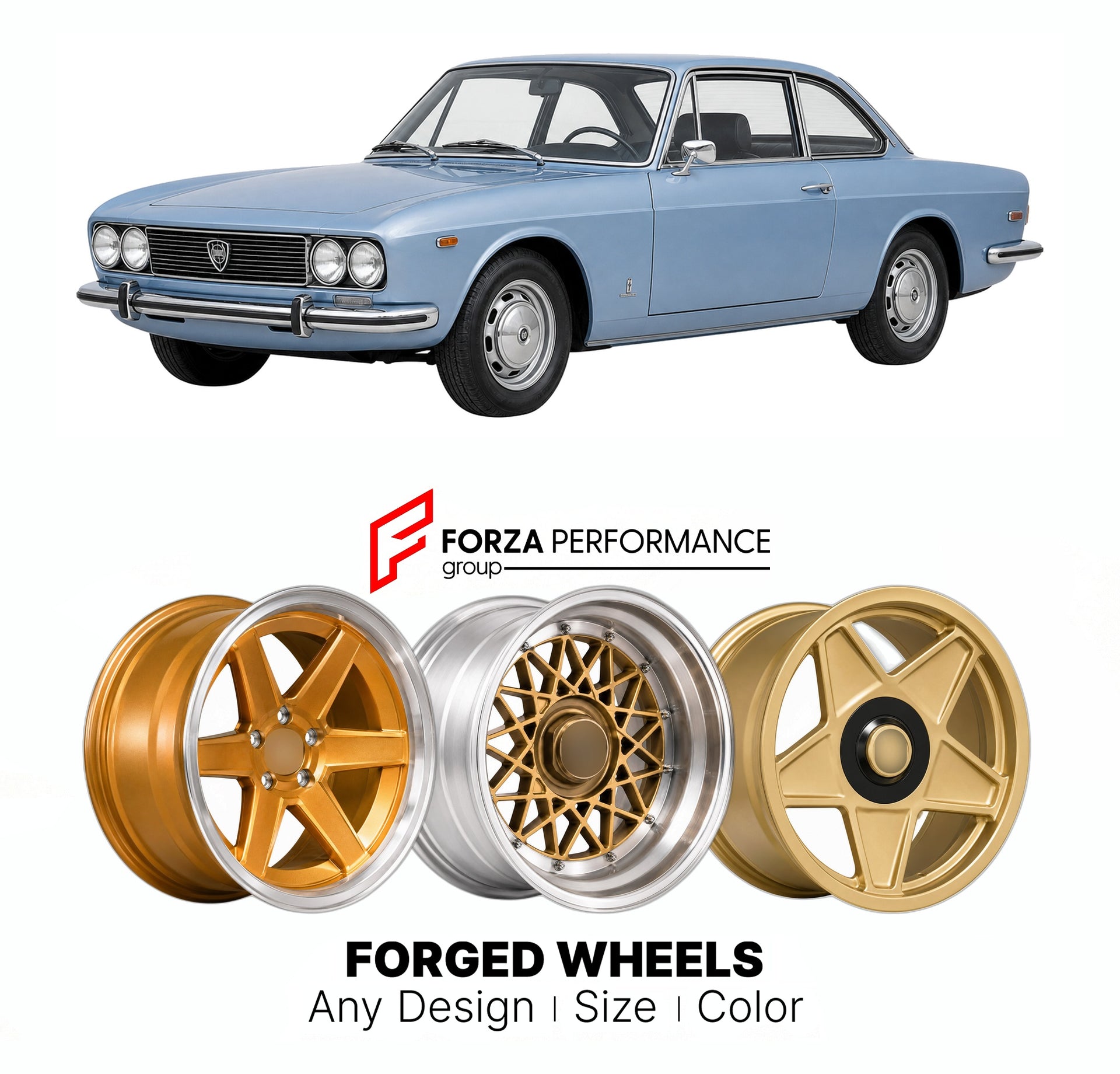 CUSTOM CLASSIC VINTAGE RESTOMOD RETRO OLD SCHOOL FORGED WHEELS RIMS for LANCIA 2000 COUPE 1971 - 1975

Custom forged wheels for Lancia 2000 Coupe 1971 - 1975. Classic, vintage, restomod wheel designs made to order in custom sizes, offsets, colors and finishes.

We manufacture premium quality forged wheels rims for Lancia 2000 Coupe 1971 - 1975 in any design, size, color.

THIS WHEEL DESIGN CAN BE CUSTOM-MADE FOR YOUR CAR IN ANY SIZE AND COLOR OPTIONS
Available in monoblock, 2-piece, 3-piece, duoblock, beadl