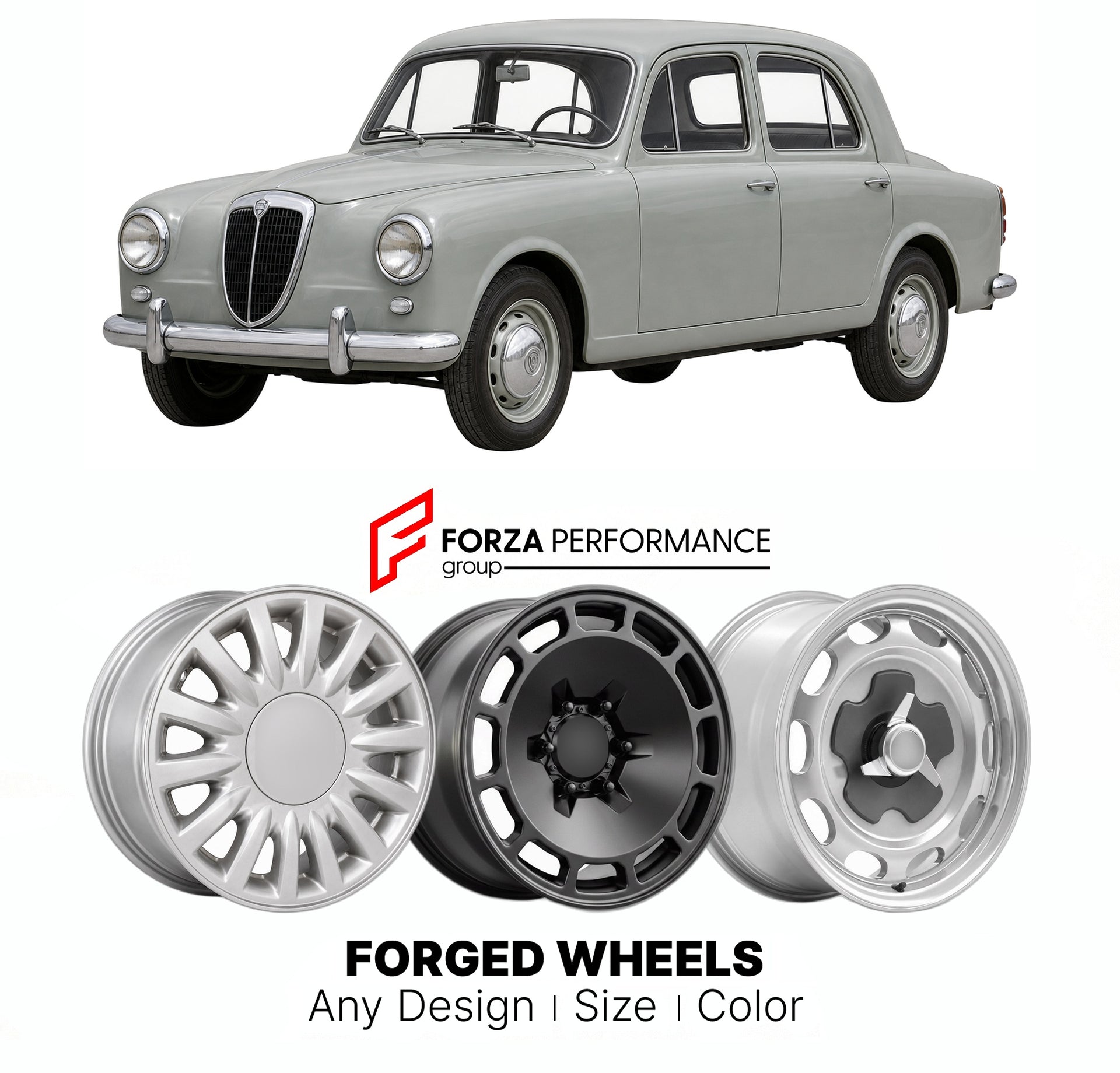 CUSTOM CLASSIC VINTAGE RESTOMOD RETRO OLD SCHOOL FORGED WHEELS RIMS for LANCIA APPIA 1953 - 1963

Custom forged wheels for Lancia Appia 1953 - 1963. Classic, vintage, restomod wheel designs made to order in custom sizes, offsets, colors and finishes.

We manufacture premium quality forged wheels rims for Lancia Appia 1953 - 1963 in any design, size, color.

THIS WHEEL DESIGN CAN BE CUSTOM-MADE FOR YOUR CAR IN ANY SIZE AND COLOR OPTIONS
Available in monoblock, 2-piece, 3-piece, duoblock, beadlock
3D wheel re