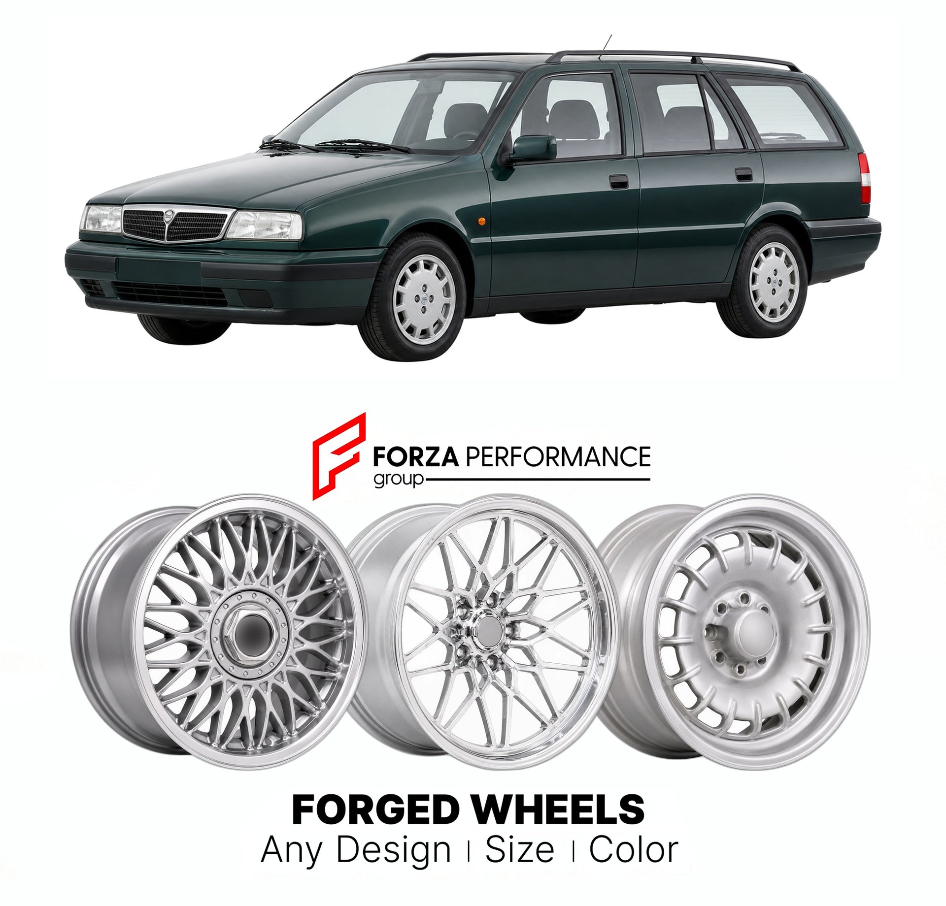 CUSTOM CLASSIC VINTAGE RESTOMOD RETRO OLD SCHOOL FORGED WHEELS RIMS for LANCIA DEDRA STATION WAGON 1994 - 1999

Custom forged wheels for Lancia Dedra Station Wagon 1994 - 1999. Classic, vintage, restomod wheel designs made to order in custom sizes, offsets, colors and finishes.

We manufacture premium quality forged wheels rims for Lancia Dedra Station Wagon 1994 - 1999 in any design, size, color.

THIS WHEEL DESIGN CAN BE CUSTOM-MADE FOR YOUR CAR IN ANY SIZE AND COLOR OPTIONS
Available in monoblock, 2-piec