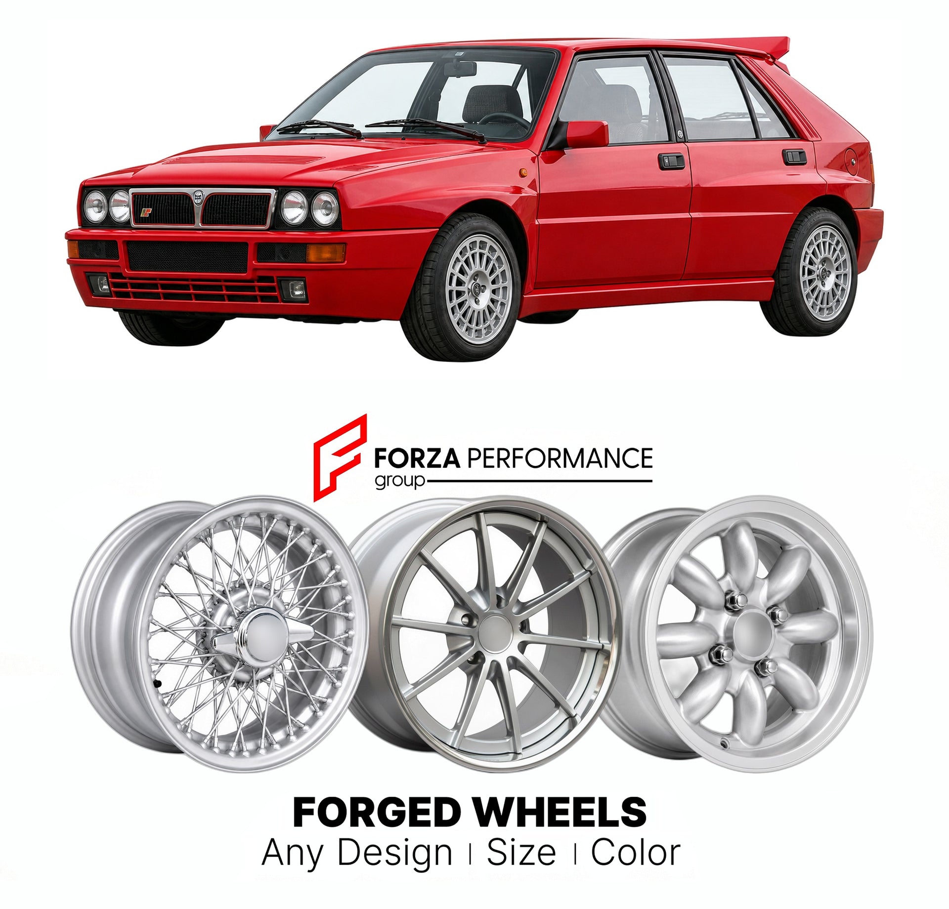 CUSTOM CLASSIC VINTAGE RESTOMOD RETRO OLD SCHOOL FORGED WHEELS RIMS for LANCIA DELTA INTEGRALE 8V 16V EVO 1987 - 1994

Custom forged wheels for Lancia Delta Integrale 8V 16V Evo 1987 - 1994. Classic, vintage, restomod wheel designs made to order in custom sizes, offsets, colors and finishes.

We manufacture premium quality forged wheels rims for Lancia Delta Integrale 8V 16V Evo 1987 - 1994 in any design, size, color.

THIS WHEEL DESIGN CAN BE CUSTOM-MADE FOR YOUR CAR IN ANY SIZE AND COLOR OPTIONS
Available
