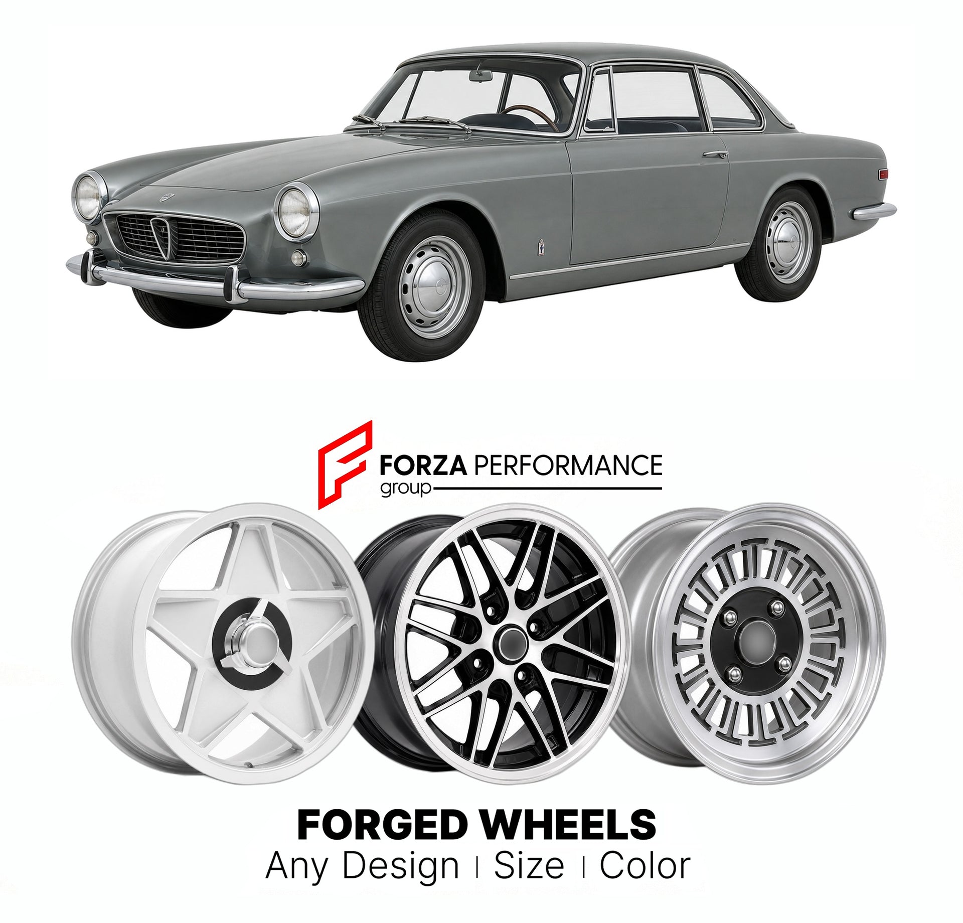 CUSTOM CLASSIC VINTAGE RESTOMOD RETRO OLD SCHOOL FORGED WHEELS RIMS for LANCIA FLAVIA 1962 - 1967

Custom forged wheels for Lancia Flavia 1962 - 1967. Classic, vintage, restomod wheel designs made to order in custom sizes, offsets, colors and finishes.

We manufacture premium quality forged wheels rims for Lancia Flavia 1962 - 1967 in any design, size, color.

THIS WHEEL DESIGN CAN BE CUSTOM-MADE FOR YOUR CAR IN ANY SIZE AND COLOR OPTIONS
Available in monoblock, 2-piece, 3-piece, duoblock, beadlock
3D wheel