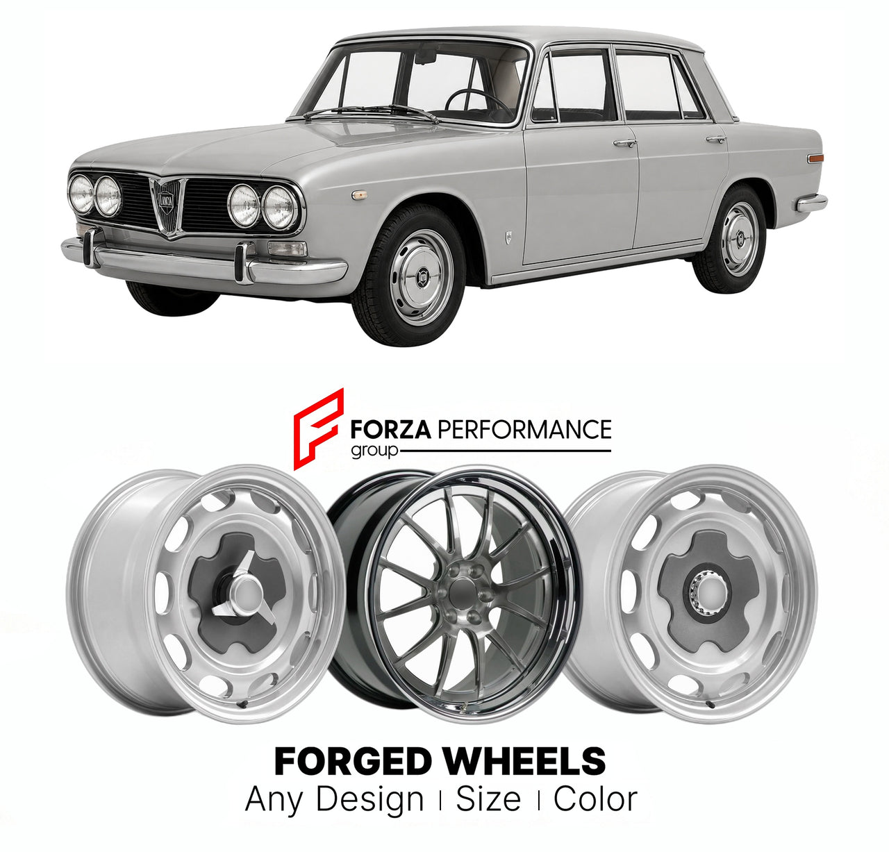 CUSTOM CLASSIC VINTAGE RESTOMOD RETRO OLD SCHOOL FORGED WHEELS RIMS for LANCIA FLAVIA BERLINA 1961 - 1971

Custom forged wheels for Lancia Flavia Berlina 1961 - 1971. Classic, vintage, restomod wheel designs made to order in custom sizes, offsets, colors and finishes.

We manufacture premium quality forged wheels rims for Lancia Flavia Berlina 1961 - 1971 in any design, size, color.

THIS WHEEL DESIGN CAN BE CUSTOM-MADE FOR YOUR CAR IN ANY SIZE AND COLOR OPTIONS
Available in monoblock, 2-piece, 3-piece, duo