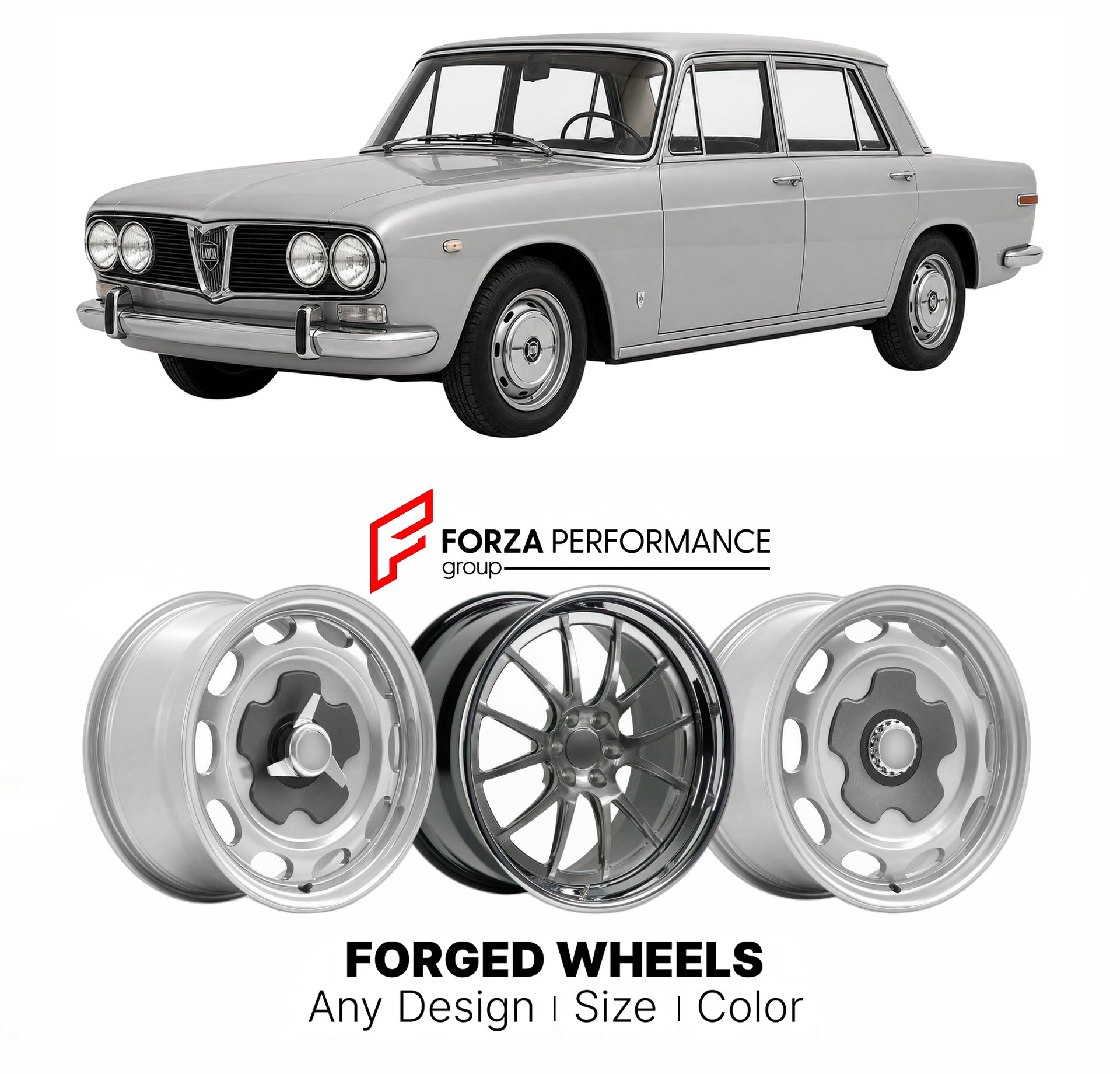 CUSTOM CLASSIC VINTAGE RESTOMOD RETRO OLD SCHOOL FORGED WHEELS RIMS for LANCIA FLAVIA BERLINA 1961 - 1971

Custom forged wheels for Lancia Flavia Berlina 1961 - 1971. Classic, vintage, restomod wheel designs made to order in custom sizes, offsets, colors and finishes.

We manufacture premium quality forged wheels rims for Lancia Flavia Berlina 1961 - 1971 in any design, size, color.

THIS WHEEL DESIGN CAN BE CUSTOM-MADE FOR YOUR CAR IN ANY SIZE AND COLOR OPTIONS
Available in monoblock, 2-piece, 3-piece, duo