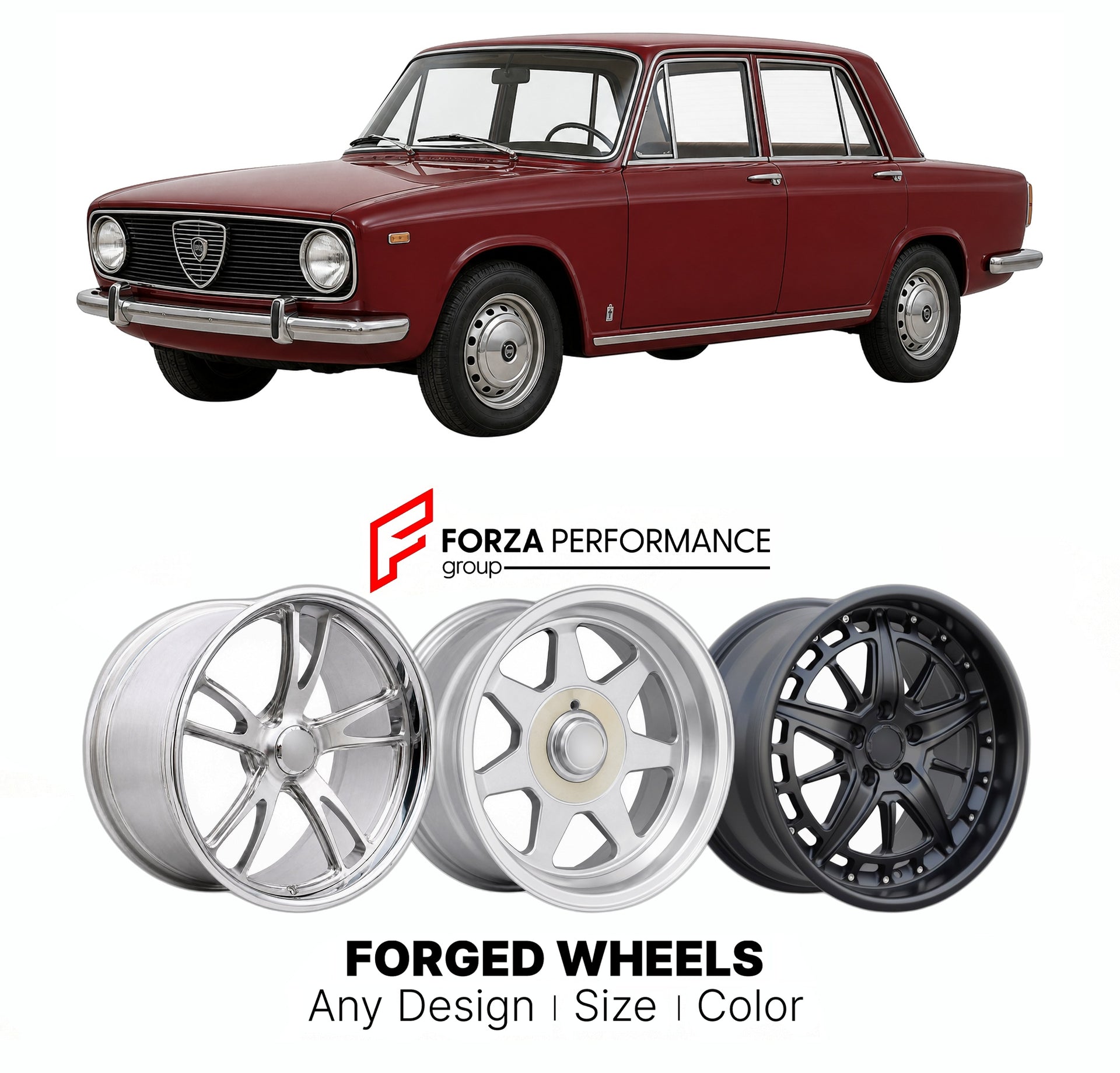 CUSTOM CLASSIC VINTAGE RESTOMOD RETRO OLD SCHOOL FORGED WHEELS RIMS for LANCIA FULVIA BERLINA 1963 - 1972

Custom forged wheels for Lancia Fulvia Berlina 1963 - 1972. Classic, vintage, restomod wheel designs made to order in custom sizes, offsets, colors and finishes.

We manufacture premium quality forged wheels rims for Lancia Fulvia Berlina 1963 - 1972 in any design, size, color.

THIS WHEEL DESIGN CAN BE CUSTOM-MADE FOR YOUR CAR IN ANY SIZE AND COLOR OPTIONS
Available in monoblock, 2-piece, 3-piece, duo