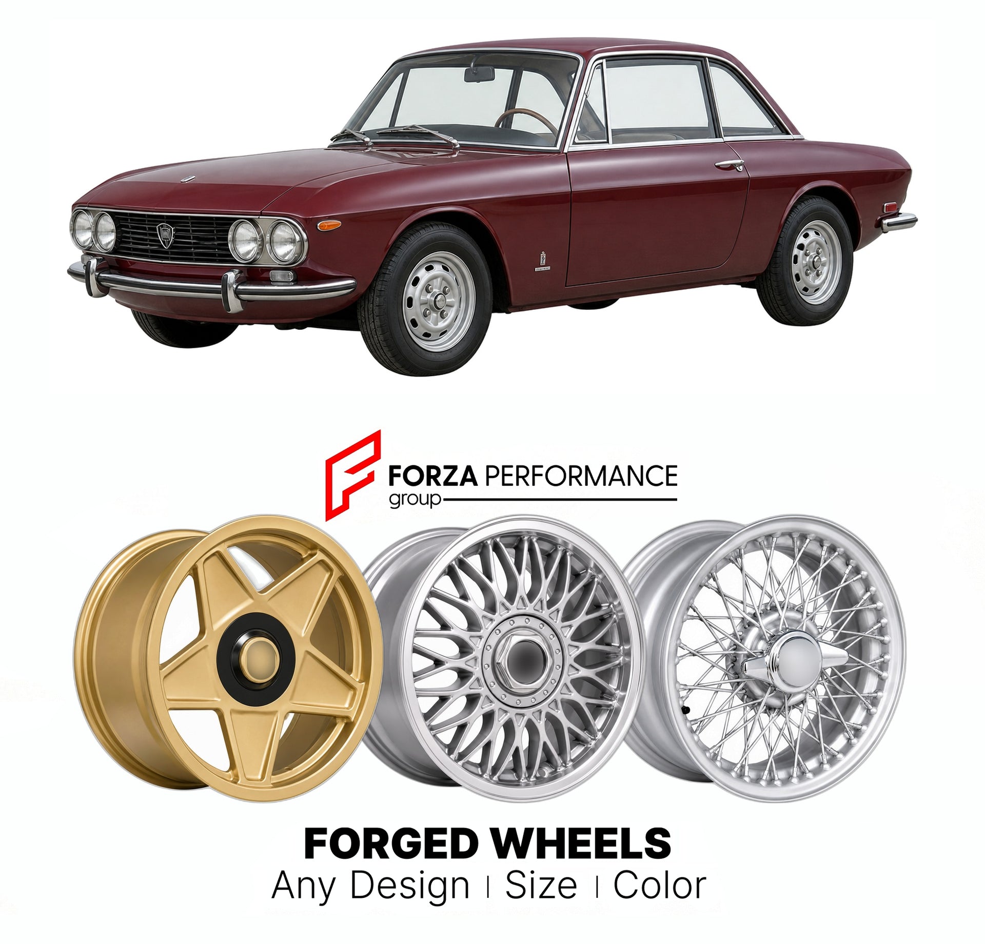 CUSTOM CLASSIC VINTAGE RESTOMOD RETRO OLD SCHOOL FORGED WHEELS RIMS for LANCIA FULVIA COUPE 1965 - 1976

Custom forged wheels for Lancia Fulvia Coupe 1965 - 1976. Classic, vintage, restomod wheel designs made to order in custom sizes, offsets, colors and finishes.

We manufacture premium quality forged wheels rims for Lancia Fulvia Coupe 1965 - 1976 in any design, size, color.

THIS WHEEL DESIGN CAN BE CUSTOM-MADE FOR YOUR CAR IN ANY SIZE AND COLOR OPTIONS
Available in monoblock, 2-piece, 3-piece, duoblock,