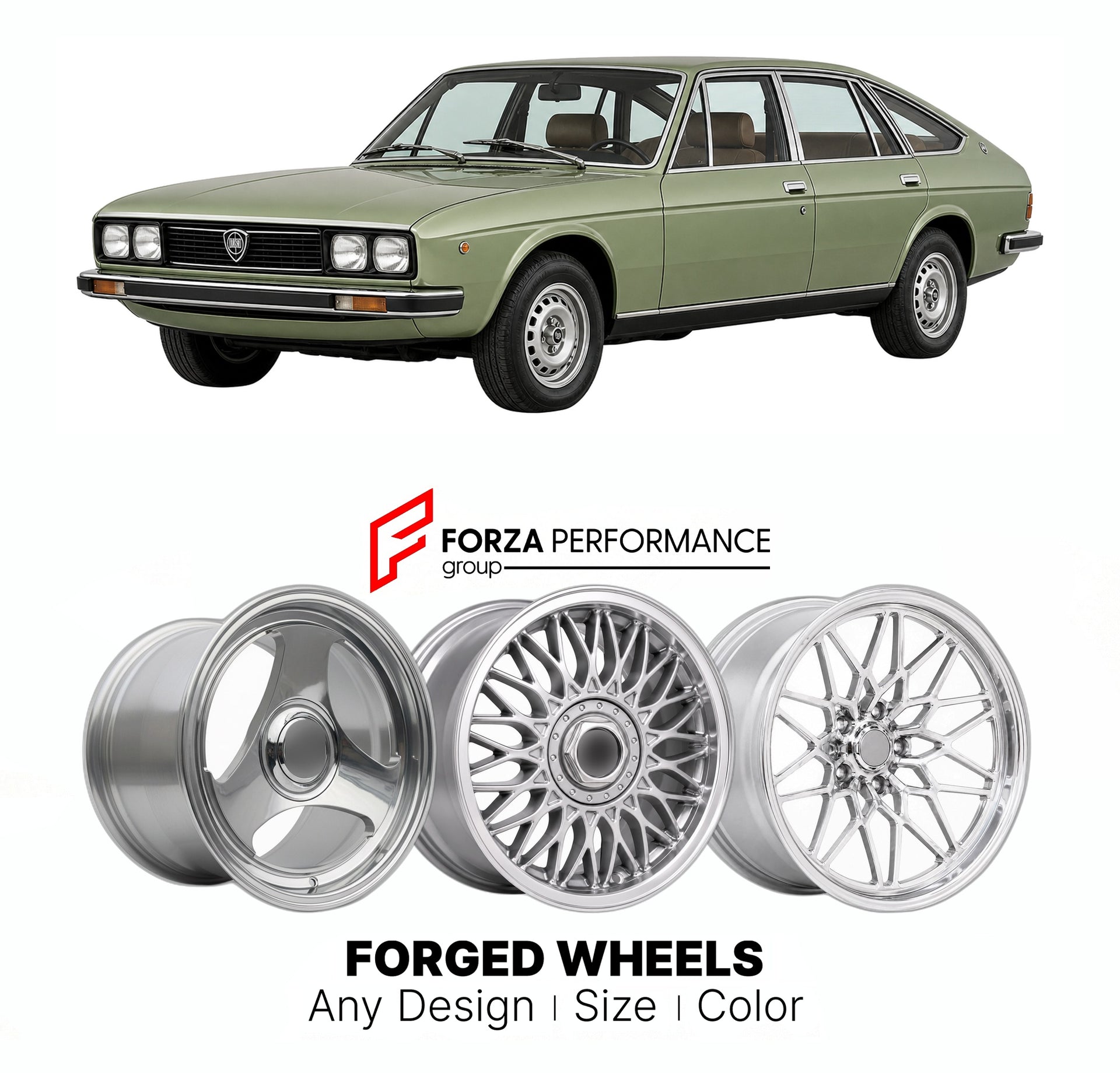 CUSTOM CLASSIC VINTAGE RESTOMOD RETRO OLD SCHOOL FORGED WHEELS RIMS for LANCIA GAMMA 1976 - 1984

Custom forged wheels for Lancia Gamma 1976 - 1984. Classic, vintage, restomod wheel designs made to order in custom sizes, offsets, colors and finishes.

We manufacture premium quality forged wheels rims for Lancia Gamma 1976 - 1984 in any design, size, color.

THIS WHEEL DESIGN CAN BE CUSTOM-MADE FOR YOUR CAR IN ANY SIZE AND COLOR OPTIONS
Available in monoblock, 2-piece, 3-piece, duoblock, beadlock
3D wheel re