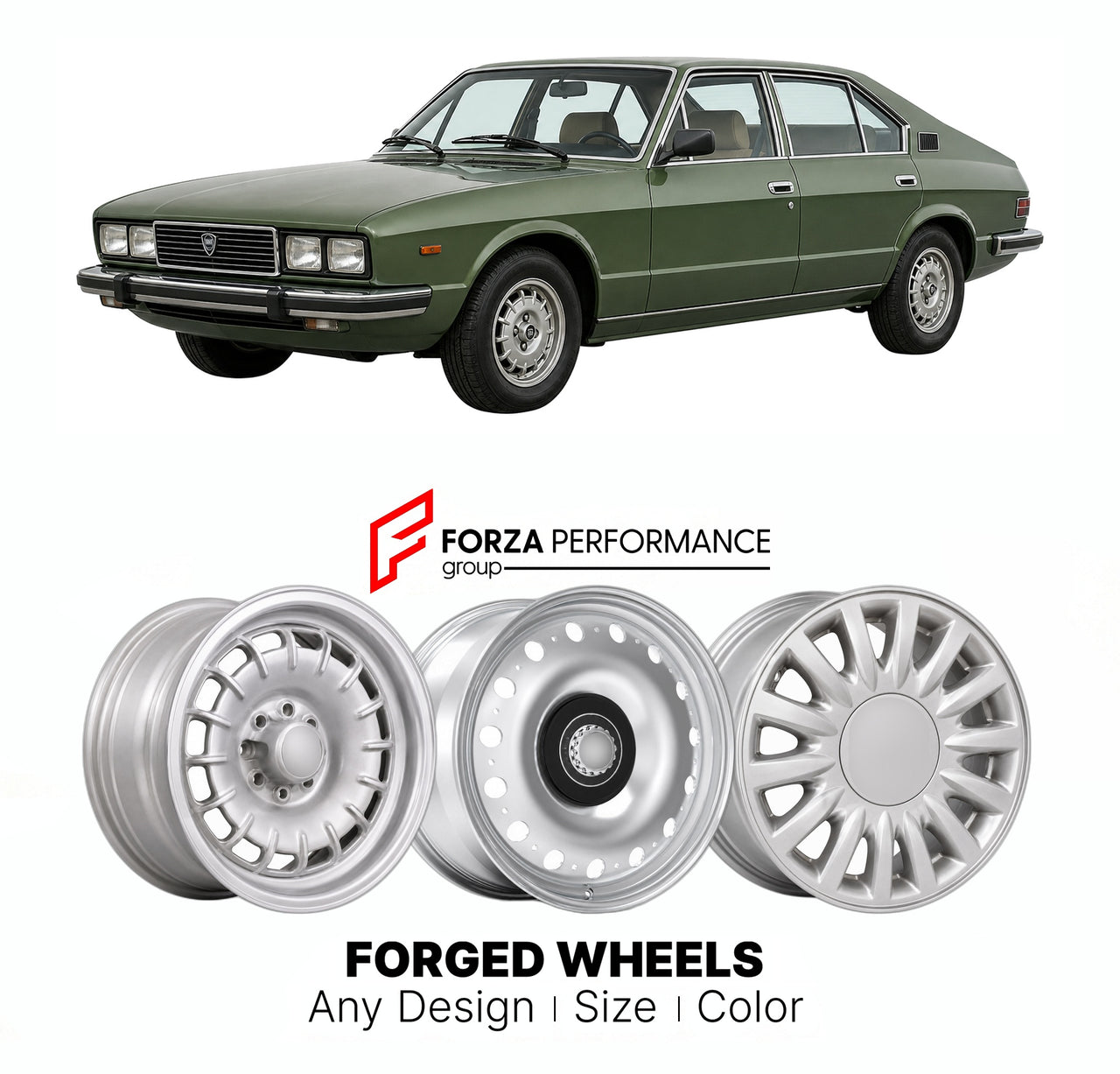 CUSTOM CLASSIC VINTAGE RESTOMOD RETRO OLD SCHOOL FORGED WHEELS RIMS for LANCIA GAMMA BERLINA 1976 - 1984

Custom forged wheels for Lancia Gamma Berlina 1976 - 1984. Classic, vintage, restomod wheel designs made to order in custom sizes, offsets, colors and finishes.

We manufacture premium quality forged wheels rims for Lancia Gamma Berlina 1976 - 1984 in any design, size, color.

THIS WHEEL DESIGN CAN BE CUSTOM-MADE FOR YOUR CAR IN ANY SIZE AND COLOR OPTIONS
Available in monoblock, 2-piece, 3-piece, duoblo