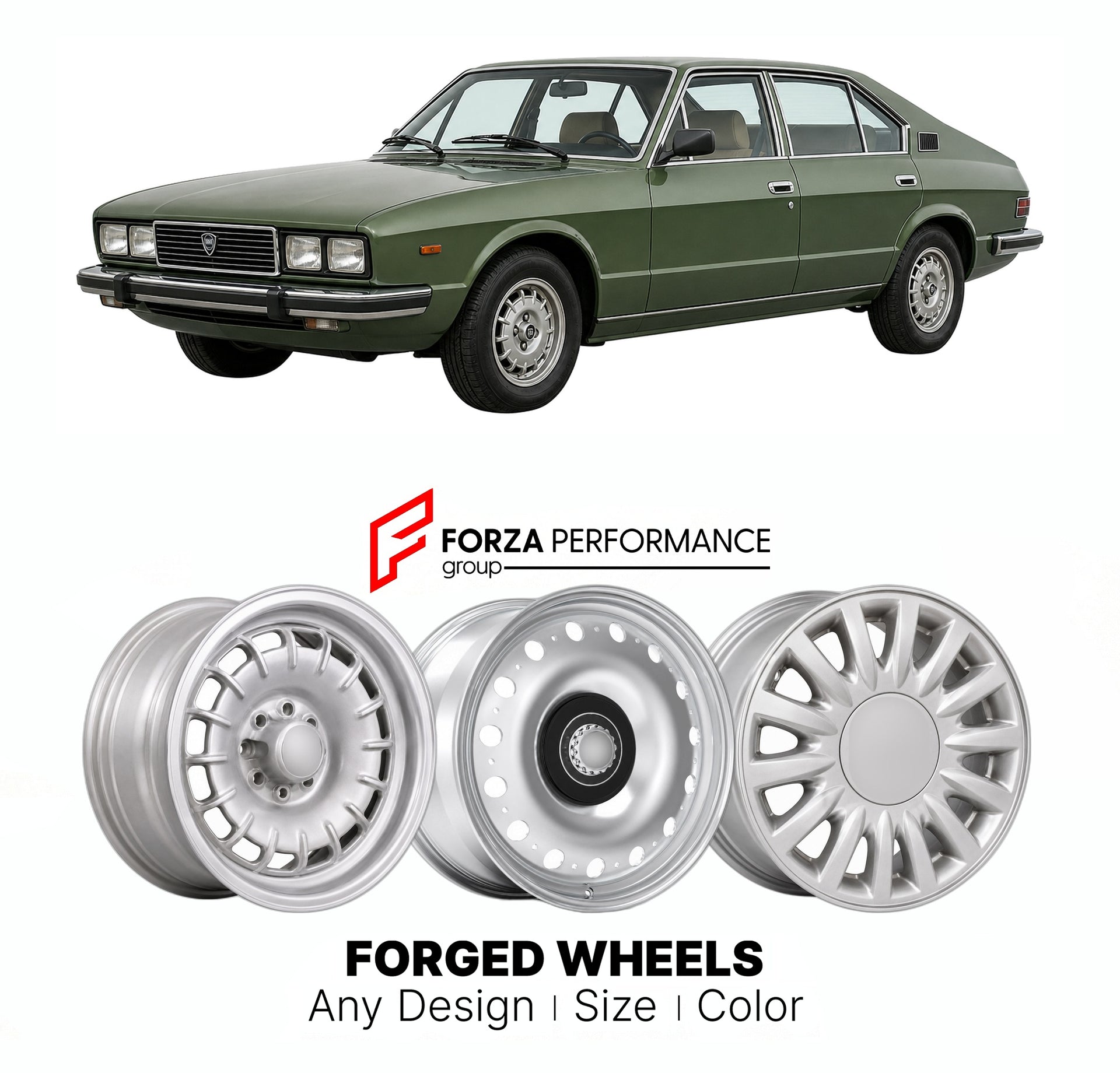 CUSTOM CLASSIC VINTAGE RESTOMOD RETRO OLD SCHOOL FORGED WHEELS RIMS for LANCIA GAMMA BERLINA 1976 - 1984

Custom forged wheels for Lancia Gamma Berlina 1976 - 1984. Classic, vintage, restomod wheel designs made to order in custom sizes, offsets, colors and finishes.

We manufacture premium quality forged wheels rims for Lancia Gamma Berlina 1976 - 1984 in any design, size, color.

THIS WHEEL DESIGN CAN BE CUSTOM-MADE FOR YOUR CAR IN ANY SIZE AND COLOR OPTIONS
Available in monoblock, 2-piece, 3-piece, duoblo