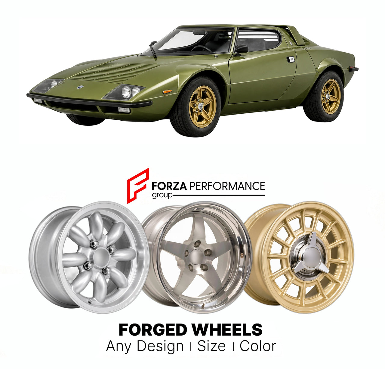 CUSTOM CLASSIC VINTAGE RESTOMOD RETRO OLD SCHOOL FORGED WHEELS RIMS for LANCIA STRATOS TIPO 829 1973 - 1978

Custom forged wheels for Lancia Stratos Tipo 829 1973 - 1978. Classic, vintage, restomod wheel designs made to order in custom sizes, offsets, colors and finishes.

We manufacture premium quality forged wheels rims for Lancia Stratos Tipo 829 1973 - 1978 in any design, size, color.

THIS WHEEL DESIGN CAN BE CUSTOM-MADE FOR YOUR CAR IN ANY SIZE AND COLOR OPTIONS
Available in monoblock, 2-piece, 3-piec