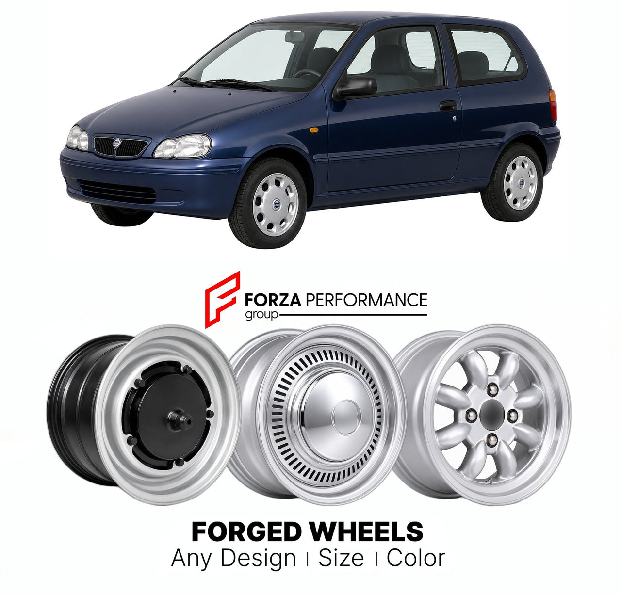CUSTOM CLASSIC VINTAGE RESTOMOD RETRO OLD SCHOOL FORGED WHEELS RIMS for LANCIA Y 1995 - 2003

Custom forged wheels for Lancia Y 1995 - 2003. Classic, vintage, restomod wheel designs made to order in custom sizes, offsets, colors and finishes.

We manufacture premium quality forged wheels rims for Lancia Y 1995 - 2003 in any design, size, color.

THIS WHEEL DESIGN CAN BE CUSTOM-MADE FOR YOUR CAR IN ANY SIZE AND COLOR OPTIONS
Available in monoblock, 2-piece, 3-piece, duoblock, beadlock
3D wheel renderings are