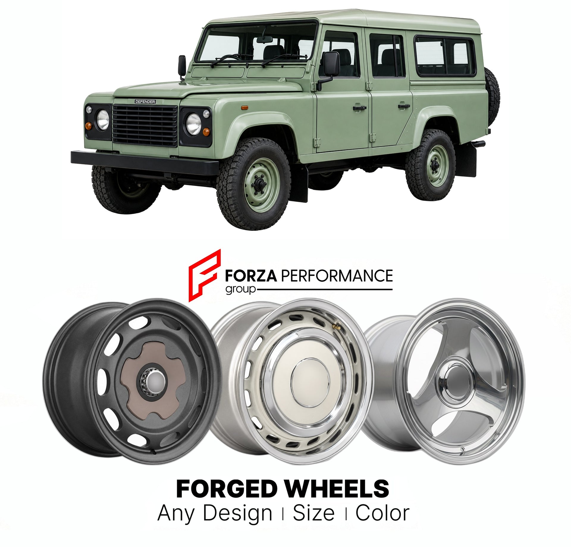 CUSTOM CLASSIC VINTAGE RESTOMOD RETRO OLD SCHOOL FORGED WHEELS RIMS for LAND ROVER DEFENDER 110 L316 1990 - 2016

Custom forged wheels for Land Rover Defender 110 L316 1990 - 2016. Classic, vintage, restomod wheel designs made to order in custom sizes, offsets, colors and finishes.

We manufacture premium quality forged wheels rims for Land Rover Defender 110 L316 1990 - 2016 in any design, size, color.

THIS WHEEL DESIGN CAN BE CUSTOM-MADE FOR YOUR CAR IN ANY SIZE AND COLOR OPTIONS
Available in monoblock, 