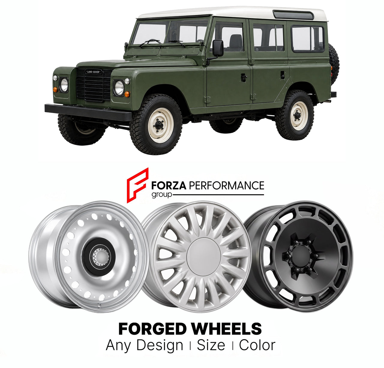 CUSTOM CLASSIC VINTAGE RESTOMOD RETRO OLD SCHOOL FORGED WHEELS RIMS for LAND ROVER DEFENDER 90 110 127 1983 - 2016

Custom forged wheels for Land Rover Defender 90 110 127 1983 - 2016. Classic, vintage, restomod wheel designs made to order in custom sizes, offsets, colors and finishes.

We manufacture premium quality forged wheels rims for Land Rover Defender 90 110 127 1983 - 2016 in any design, size, color.

THIS WHEEL DESIGN CAN BE CUSTOM-MADE FOR YOUR CAR IN ANY SIZE AND COLOR OPTIONS
Available in monob