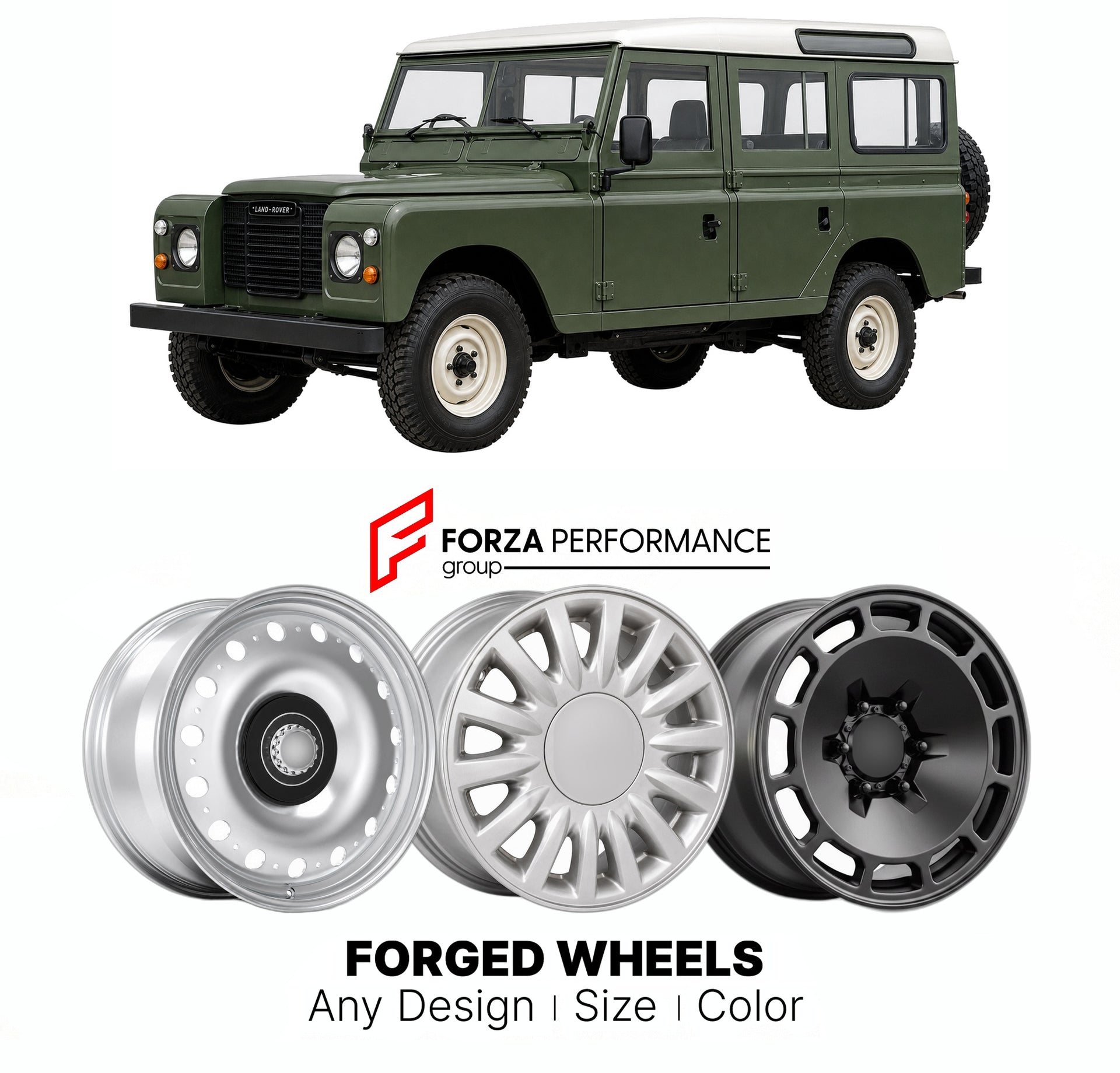 CUSTOM CLASSIC VINTAGE RESTOMOD RETRO OLD SCHOOL FORGED WHEELS RIMS for LAND ROVER DEFENDER 90 110 127 1983 - 2016

Custom forged wheels for Land Rover Defender 90 110 127 1983 - 2016. Classic, vintage, restomod wheel designs made to order in custom sizes, offsets, colors and finishes.

We manufacture premium quality forged wheels rims for Land Rover Defender 90 110 127 1983 - 2016 in any design, size, color.

THIS WHEEL DESIGN CAN BE CUSTOM-MADE FOR YOUR CAR IN ANY SIZE AND COLOR OPTIONS
Available in monob