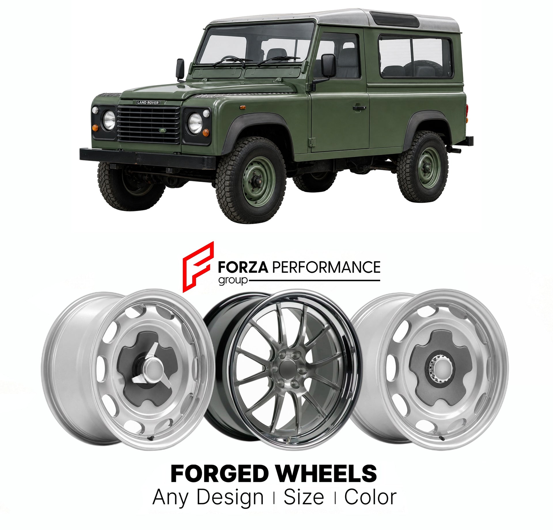 CUSTOM CLASSIC VINTAGE RESTOMOD RETRO OLD SCHOOL FORGED WHEELS RIMS for LAND ROVER DEFENDER 90 110 130 1983 - 2000

Custom forged wheels for Land Rover Defender 90 110 130 1983 - 2000. Classic, vintage, restomod wheel designs made to order in custom sizes, offsets, colors and finishes.

We manufacture premium quality forged wheels rims for Land Rover Defender 90 110 130 1983 - 2000 in any design, size, color.

THIS WHEEL DESIGN CAN BE CUSTOM-MADE FOR YOUR CAR IN ANY SIZE AND COLOR OPTIONS
Available in monob