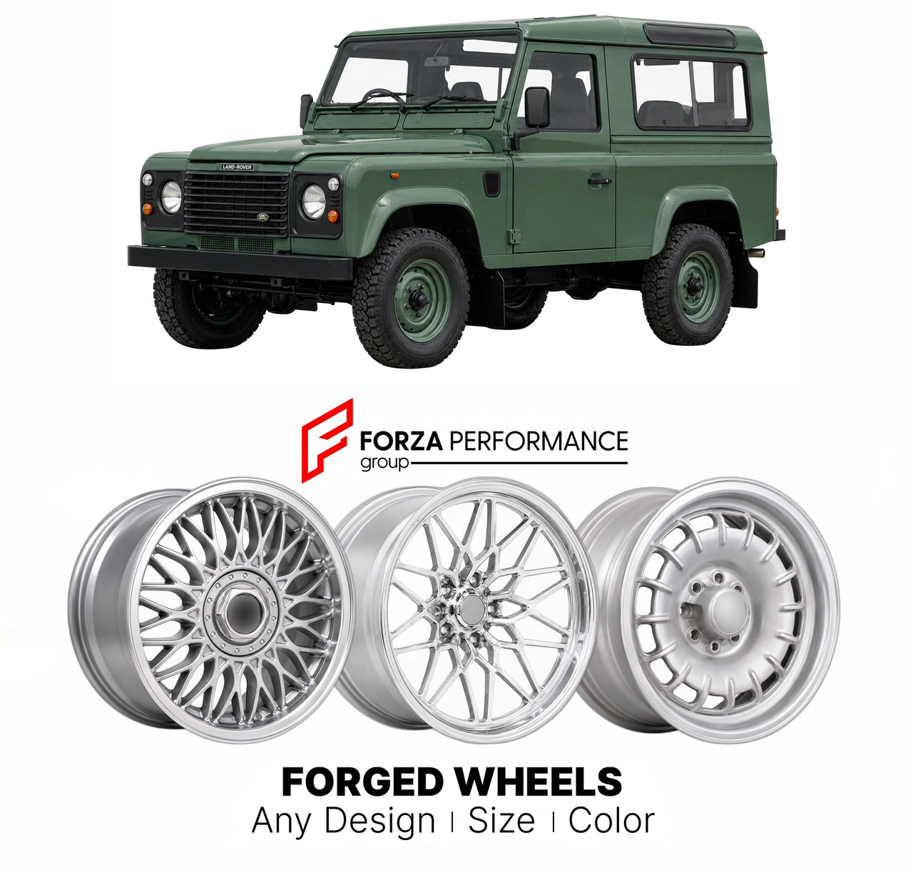 CUSTOM CLASSIC VINTAGE RESTOMOD RETRO OLD SCHOOL FORGED WHEELS RIMS for LAND ROVER DEFENDER 90 110 1990 - 2016

Custom forged wheels for Land Rover Defender 90 110 1990 - 2016. Classic, vintage, restomod wheel designs made to order in custom sizes, offsets, colors and finishes.

We manufacture premium quality forged wheels rims for Land Rover Defender 90 110 1990 - 2016 in any design, size, color.

THIS WHEEL DESIGN CAN BE CUSTOM-MADE FOR YOUR CAR IN ANY SIZE AND COLOR OPTIONS
Available in monoblock, 2-piec