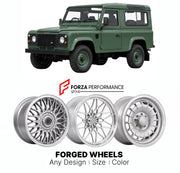 CUSTOM CLASSIC VINTAGE RESTOMOD RETRO OLD SCHOOL FORGED WHEELS RIMS for LAND ROVER DEFENDER 90 110 1990 - 2016

Custom forged wheels for Land Rover Defender 90 110 1990 - 2016. Classic, vintage, restomod wheel designs made to order in custom sizes, offsets, colors and finishes.

We manufacture premium quality forged wheels rims for Land Rover Defender 90 110 1990 - 2016 in any design, size, color.

THIS WHEEL DESIGN CAN BE CUSTOM-MADE FOR YOUR CAR IN ANY SIZE AND COLOR OPTIONS
Available in monoblock, 2-piec