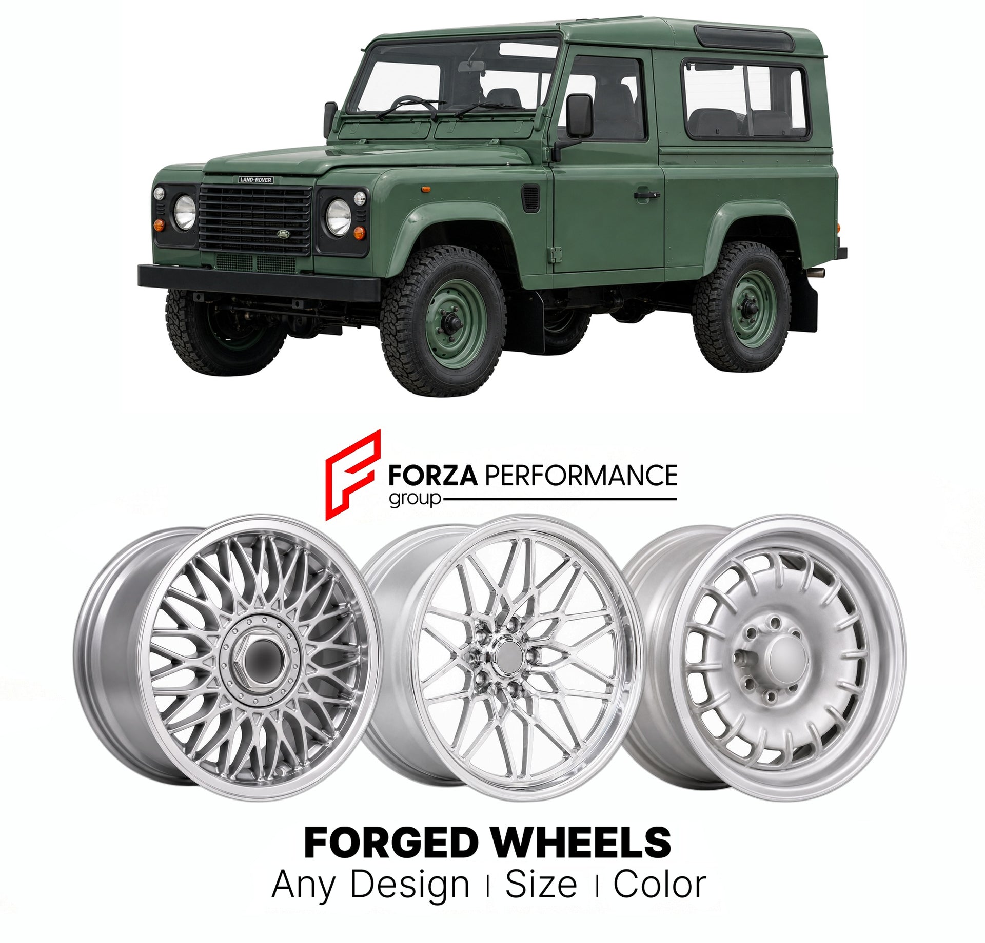 CUSTOM CLASSIC VINTAGE RESTOMOD RETRO OLD SCHOOL FORGED WHEELS RIMS for LAND ROVER DEFENDER 90 110 1990 - 2016

Custom forged wheels for Land Rover Defender 90 110 1990 - 2016. Classic, vintage, restomod wheel designs made to order in custom sizes, offsets, colors and finishes.

We manufacture premium quality forged wheels rims for Land Rover Defender 90 110 1990 - 2016 in any design, size, color.

THIS WHEEL DESIGN CAN BE CUSTOM-MADE FOR YOUR CAR IN ANY SIZE AND COLOR OPTIONS
Available in monoblock, 2-piec