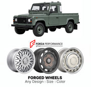 CUSTOM CLASSIC VINTAGE RESTOMOD RETRO OLD SCHOOL FORGED WHEELS RIMS for LAND ROVER DEFENDER PICKUP 1990 - 2016

Custom forged wheels for Land Rover Defender Pickup 1990 - 2016. Classic, vintage, restomod wheel designs made to order in custom sizes, offsets, colors and finishes.

We manufacture premium quality forged wheels rims for Land Rover Defender Pickup 1990 - 2016 in any design, size, color.

THIS WHEEL DESIGN CAN BE CUSTOM-MADE FOR YOUR CAR IN ANY SIZE AND COLOR OPTIONS
Available in monoblock, 2-piec