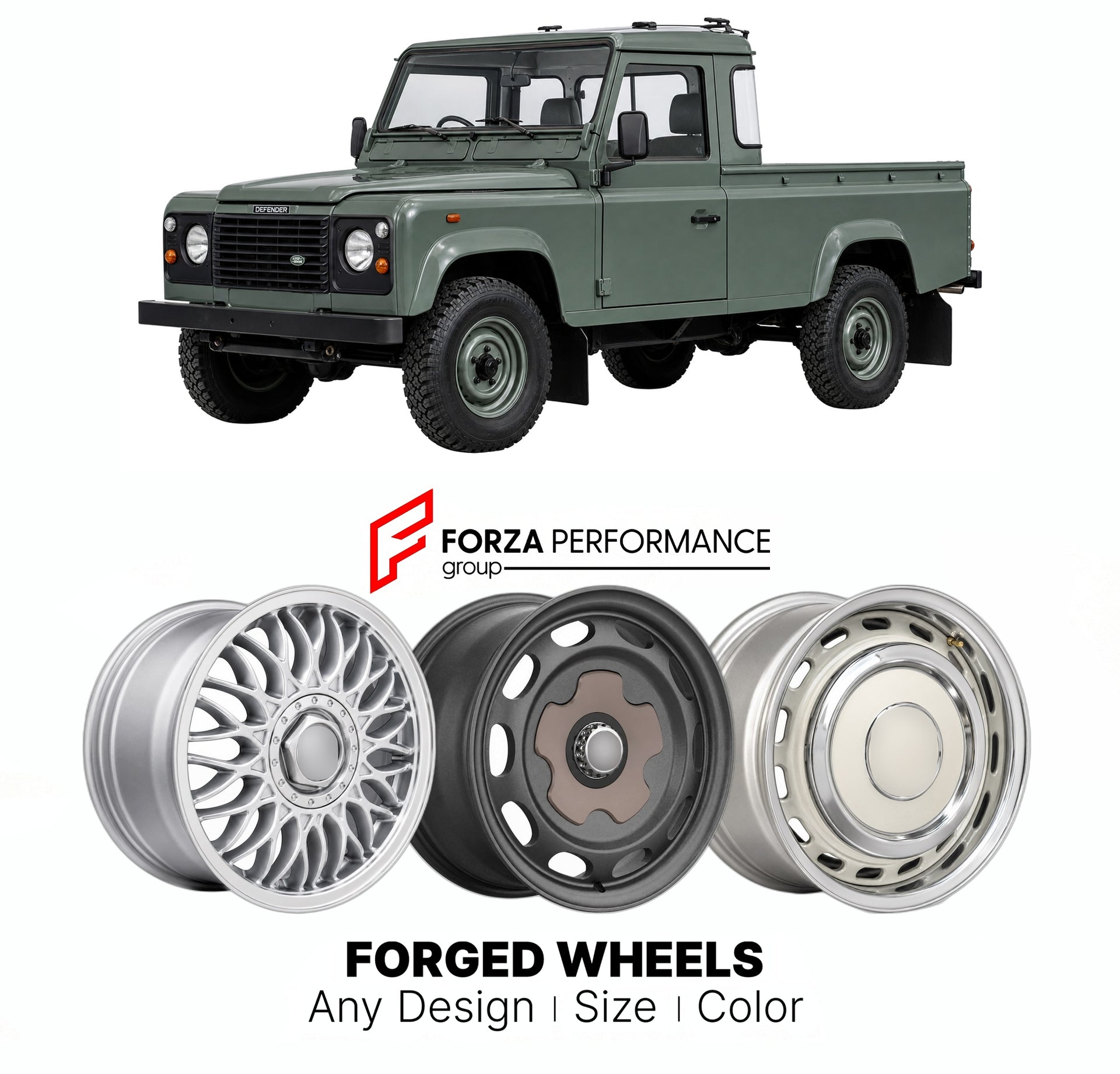 CUSTOM CLASSIC VINTAGE RESTOMOD RETRO OLD SCHOOL FORGED WHEELS RIMS for LAND ROVER DEFENDER PICKUP 1990 - 2016

Custom forged wheels for Land Rover Defender Pickup 1990 - 2016. Classic, vintage, restomod wheel designs made to order in custom sizes, offsets, colors and finishes.

We manufacture premium quality forged wheels rims for Land Rover Defender Pickup 1990 - 2016 in any design, size, color.

THIS WHEEL DESIGN CAN BE CUSTOM-MADE FOR YOUR CAR IN ANY SIZE AND COLOR OPTIONS
Available in monoblock, 2-piec