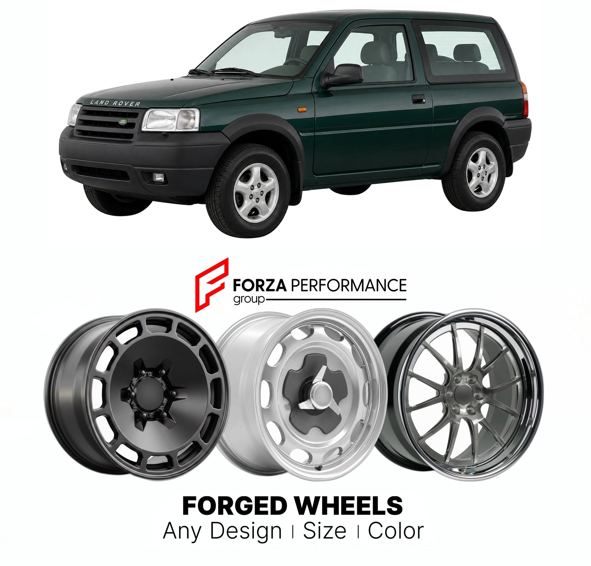 CUSTOM CLASSIC VINTAGE RESTOMOD RETRO OLD SCHOOL FORGED WHEELS RIMS for LAND ROVER FREELANDER I 1997 - 2006

Custom forged wheels for Land Rover Freelander I 1997 - 2006. Classic, vintage, restomod wheel designs made to order in custom sizes, offsets, colors and finishes.

We manufacture premium quality forged wheels rims for Land Rover Freelander I 1997 - 2006 in any design, size, color.

THIS WHEEL DESIGN CAN BE CUSTOM-MADE FOR YOUR CAR IN ANY SIZE AND COLOR OPTIONS
Available in monoblock, 2-piece, 3-piec