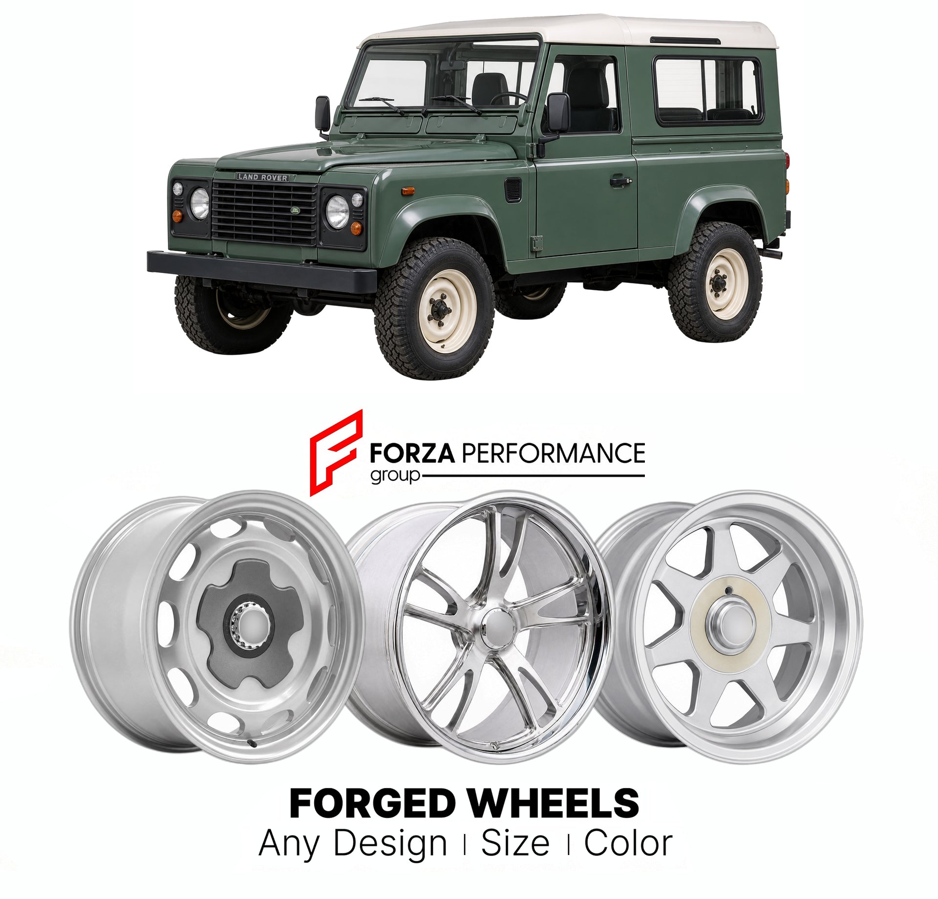 CUSTOM CLASSIC VINTAGE RESTOMOD RETRO OLD SCHOOL FORGED WHEELS RIMS for LAND ROVER NINETY ONE TEN 1983 - 1990

Custom forged wheels for Land Rover Ninety One Ten 1983 - 1990. Classic, vintage, restomod wheel designs made to order in custom sizes, offsets, colors and finishes.

We manufacture premium quality forged wheels rims for Land Rover Ninety One Ten 1983 - 1990 in any design, size, color.

THIS WHEEL DESIGN CAN BE CUSTOM-MADE FOR YOUR CAR IN ANY SIZE AND COLOR OPTIONS
Available in monoblock, 2-piece, 