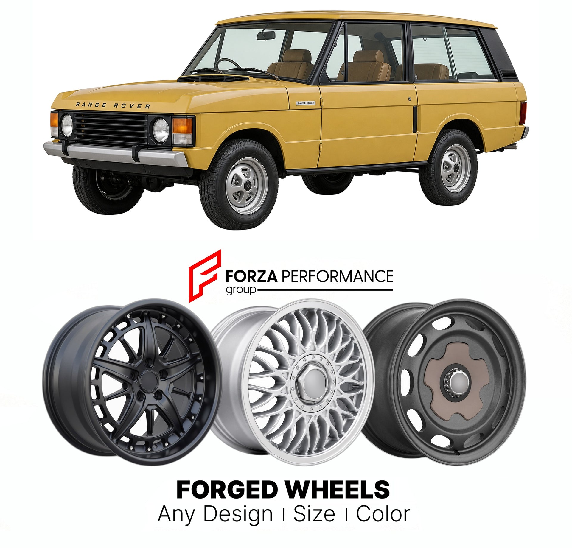CUSTOM CLASSIC VINTAGE RESTOMOD RETRO OLD SCHOOL FORGED WHEELS RIMS for LAND ROVER RANGE ROVER CLASSIC 1970 - 1994

Custom forged wheels for Land Rover Range Rover Classic 1970 - 1994. Classic, vintage, restomod wheel designs made to order in custom sizes, offsets, colors and finishes.

We manufacture premium quality forged wheels rims for Land Rover Range Rover Classic 1970 - 1994 in any design, size, color.

THIS WHEEL DESIGN CAN BE CUSTOM-MADE FOR YOUR CAR IN ANY SIZE AND COLOR OPTIONS
Available in monob
