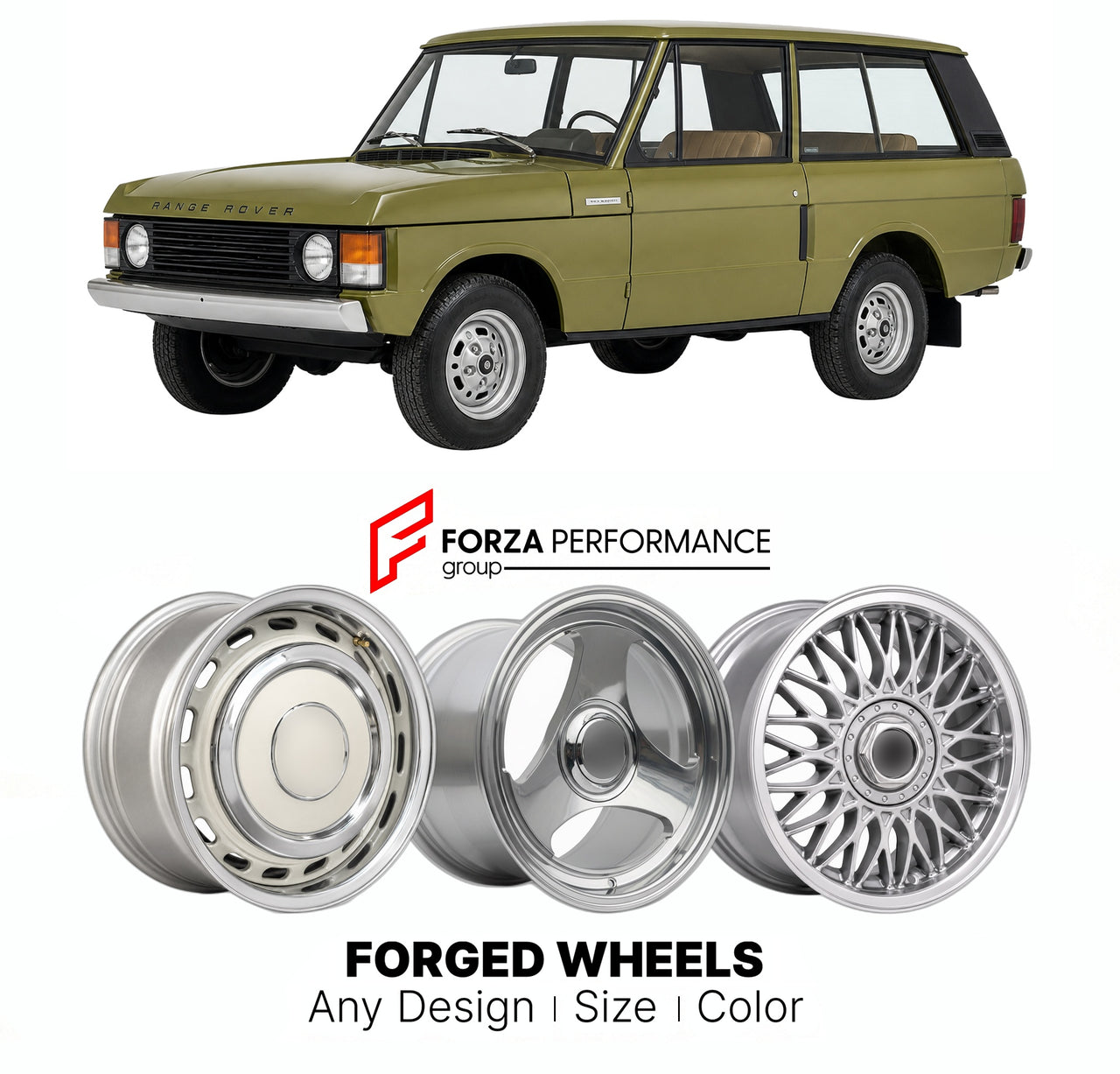 CUSTOM CLASSIC VINTAGE RESTOMOD RETRO OLD SCHOOL FORGED WHEELS RIMS for LAND ROVER RANGE ROVER CLASSIC 1970 - 1996

Custom forged wheels for Land Rover Range Rover Classic 1970 - 1996. Classic, vintage, restomod wheel designs made to order in custom sizes, offsets, colors and finishes.

We manufacture premium quality forged wheels rims for Land Rover Range Rover Classic 1970 - 1996 in any design, size, color.

THIS WHEEL DESIGN CAN BE CUSTOM-MADE FOR YOUR CAR IN ANY SIZE AND COLOR OPTIONS
Available in monob