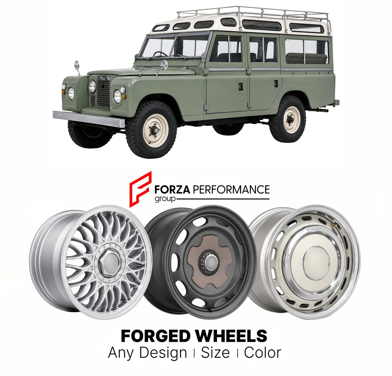 CUSTOM CLASSIC VINTAGE RESTOMOD RETRO OLD SCHOOL FORGED WHEELS RIMS for LAND ROVER SERIES IIA 109 SAFARI STATION WAGON 1961 - 1971

Custom forged wheels for Land Rover Series IIA 109 Safari Station Wagon 1961 - 1971. Classic, vintage, restomod wheel designs made to order in custom sizes, offsets, colors and finishes.

We manufacture premium quality forged wheels rims for Land Rover Series IIA 109 Safari Station Wagon 1961 - 1971 in any design, size, color.

THIS WHEEL DESIGN CAN BE CUSTOM-MADE FOR YOUR CAR 