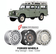 CUSTOM CLASSIC VINTAGE RESTOMOD RETRO OLD SCHOOL FORGED WHEELS RIMS for LAND ROVER SERIES IIA 109 SAFARI STATION WAGON 1961 - 1971

Custom forged wheels for Land Rover Series IIA 109 Safari Station Wagon 1961 - 1971. Classic, vintage, restomod wheel designs made to order in custom sizes, offsets, colors and finishes.

We manufacture premium quality forged wheels rims for Land Rover Series IIA 109 Safari Station Wagon 1961 - 1971 in any design, size, color.

THIS WHEEL DESIGN CAN BE CUSTOM-MADE FOR YOUR CAR 