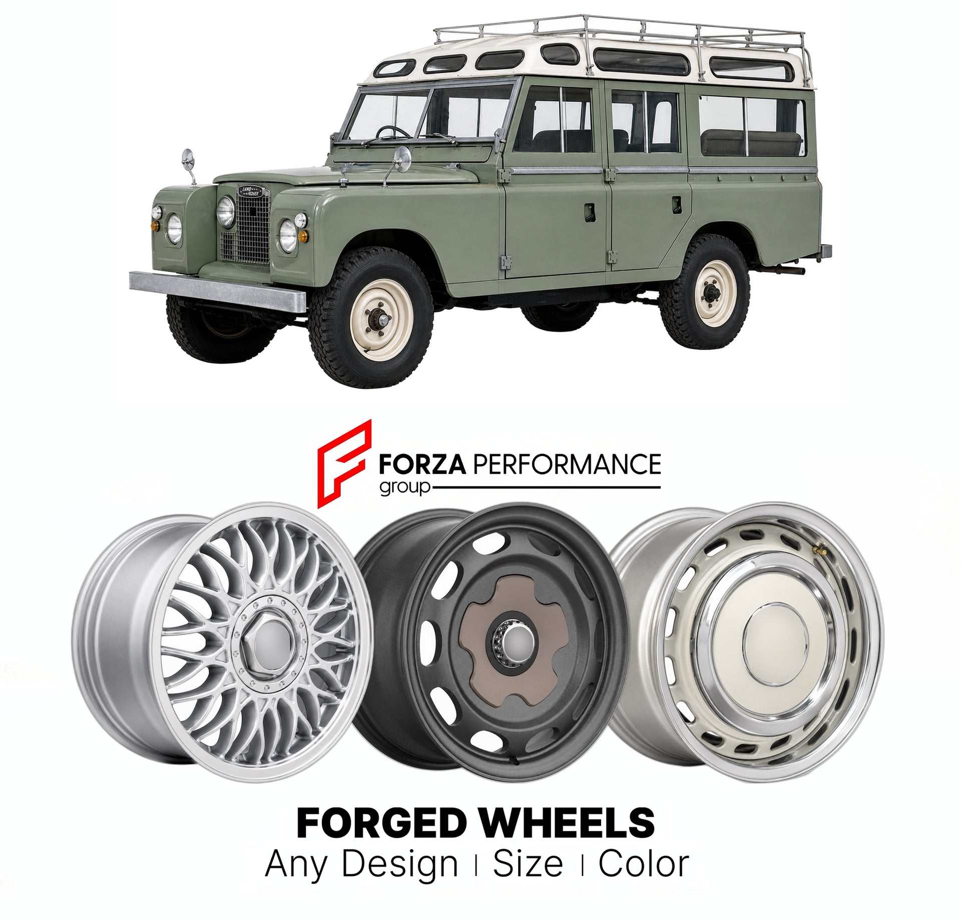 CUSTOM CLASSIC VINTAGE RESTOMOD RETRO OLD SCHOOL FORGED WHEELS RIMS for LAND ROVER SERIES IIA 109 SAFARI STATION WAGON 1961 - 1971

Custom forged wheels for Land Rover Series IIA 109 Safari Station Wagon 1961 - 1971. Classic, vintage, restomod wheel designs made to order in custom sizes, offsets, colors and finishes.

We manufacture premium quality forged wheels rims for Land Rover Series IIA 109 Safari Station Wagon 1961 - 1971 in any design, size, color.

THIS WHEEL DESIGN CAN BE CUSTOM-MADE FOR YOUR CAR 
