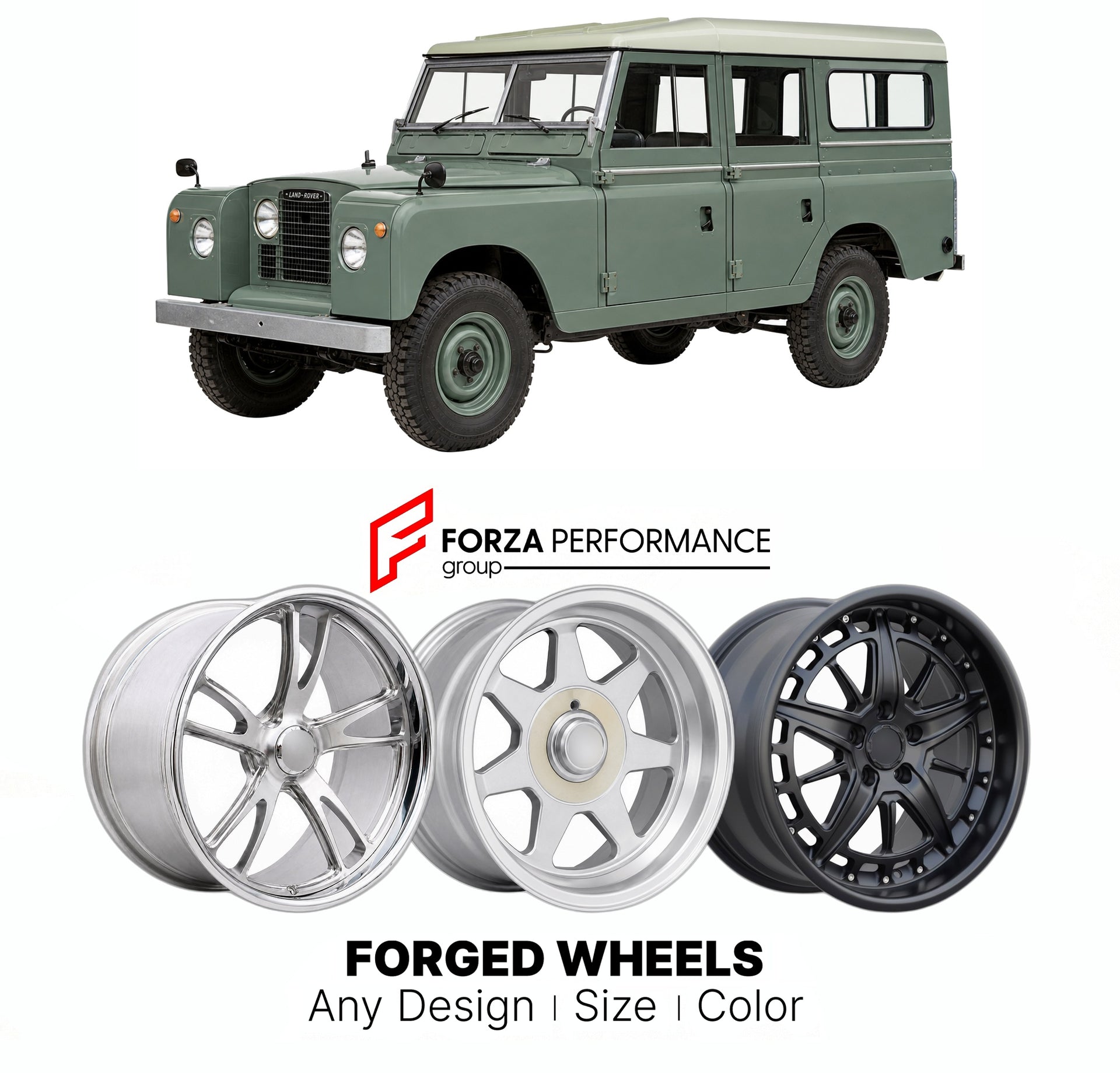 CUSTOM CLASSIC VINTAGE RESTOMOD RETRO OLD SCHOOL FORGED WHEELS RIMS for LAND ROVER SERIES IIA 1961 - 1971

Custom forged wheels for Land Rover Series IIA 1961 - 1971. Classic, vintage, restomod wheel designs made to order in custom sizes, offsets, colors and finishes.

We manufacture premium quality forged wheels rims for Land Rover Series IIA 1961 - 1971 in any design, size, color.

THIS WHEEL DESIGN CAN BE CUSTOM-MADE FOR YOUR CAR IN ANY SIZE AND COLOR OPTIONS
Available in monoblock, 2-piece, 3-piece, duo