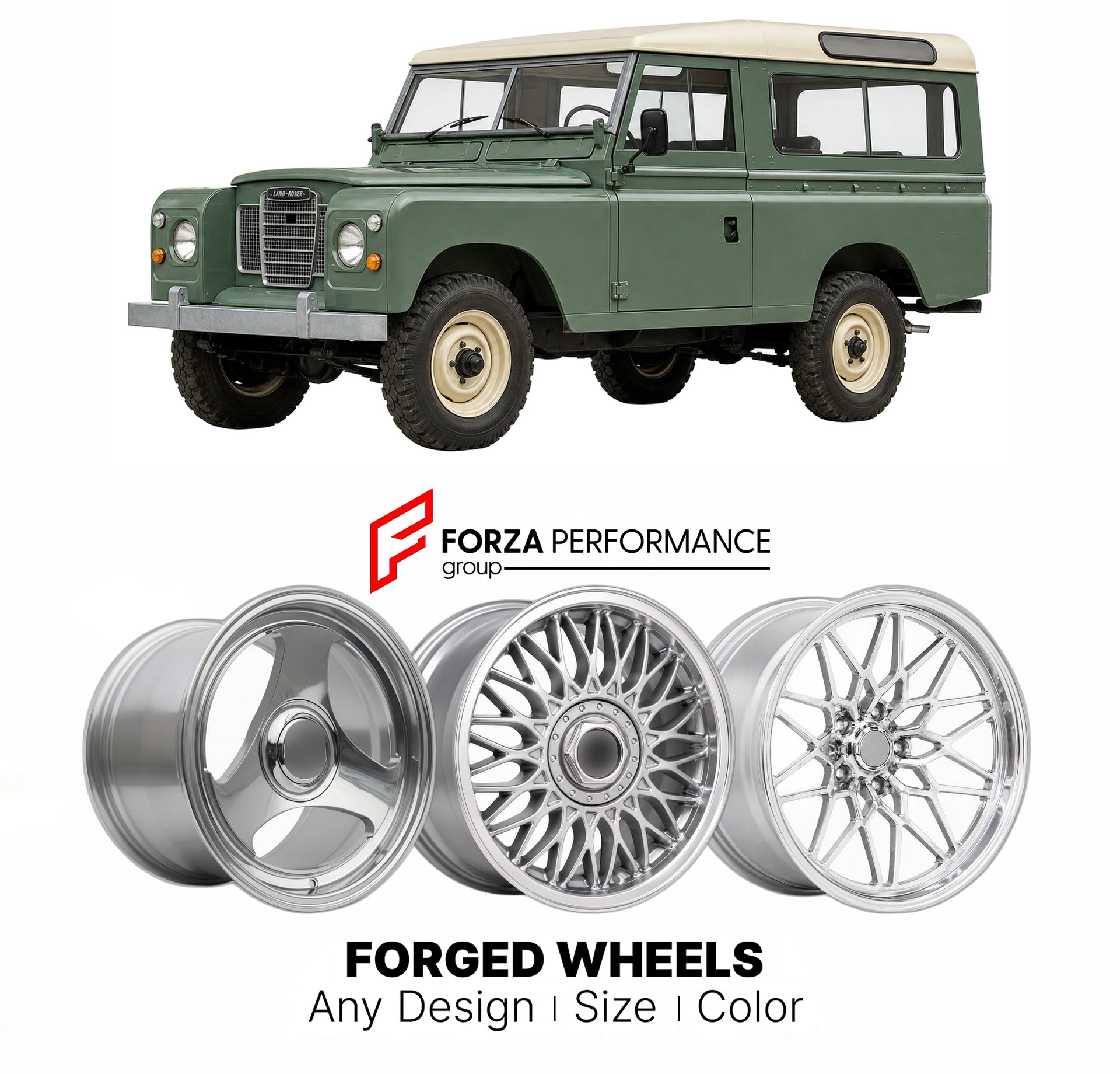 CUSTOM CLASSIC VINTAGE RESTOMOD RETRO OLD SCHOOL FORGED WHEELS RIMS for LAND ROVER SERIES IIA III CLASSIC 4X4 1961 - 1985

Custom forged wheels for Land Rover Series IIA III Classic 4x4 1961 - 1985. Classic, vintage, restomod wheel designs made to order in custom sizes, offsets, colors and finishes.

We manufacture premium quality forged wheels rims for Land Rover Series IIA III Classic 4x4 1961 - 1985 in any design, size, color.

THIS WHEEL DESIGN CAN BE CUSTOM-MADE FOR YOUR CAR IN ANY SIZE AND COLOR OPTIO