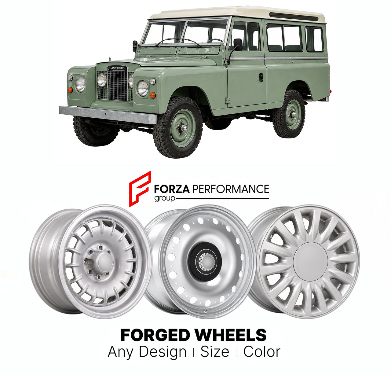 CUSTOM CLASSIC VINTAGE RESTOMOD RETRO OLD SCHOOL FORGED WHEELS RIMS for LAND ROVER SERIES IIA SERIES II 1961 - 1971

Custom forged wheels for Land Rover Series IIA Series II 1961 - 1971. Classic, vintage, restomod wheel designs made to order in custom sizes, offsets, colors and finishes.

We manufacture premium quality forged wheels rims for Land Rover Series IIA Series II 1961 - 1971 in any design, size, color.

THIS WHEEL DESIGN CAN BE CUSTOM-MADE FOR YOUR CAR IN ANY SIZE AND COLOR OPTIONS
Available in mo