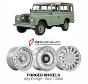 CUSTOM CLASSIC VINTAGE RESTOMOD RETRO OLD SCHOOL FORGED WHEELS RIMS for LAND ROVER SERIES IIA SERIES II 1961 - 1971

Custom forged wheels for Land Rover Series IIA Series II 1961 - 1971. Classic, vintage, restomod wheel designs made to order in custom sizes, offsets, colors and finishes.

We manufacture premium quality forged wheels rims for Land Rover Series IIA Series II 1961 - 1971 in any design, size, color.

THIS WHEEL DESIGN CAN BE CUSTOM-MADE FOR YOUR CAR IN ANY SIZE AND COLOR OPTIONS
Available in mo