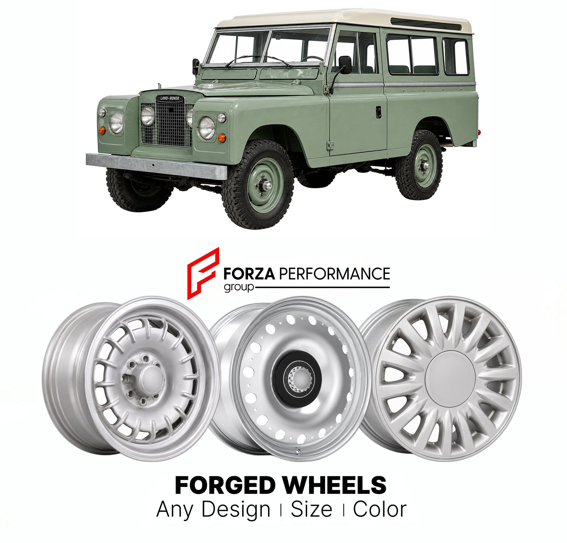 CUSTOM CLASSIC VINTAGE RESTOMOD RETRO OLD SCHOOL FORGED WHEELS RIMS for LAND ROVER SERIES IIA SERIES II 1961 - 1971

Custom forged wheels for Land Rover Series IIA Series II 1961 - 1971. Classic, vintage, restomod wheel designs made to order in custom sizes, offsets, colors and finishes.

We manufacture premium quality forged wheels rims for Land Rover Series IIA Series II 1961 - 1971 in any design, size, color.

THIS WHEEL DESIGN CAN BE CUSTOM-MADE FOR YOUR CAR IN ANY SIZE AND COLOR OPTIONS
Available in mo