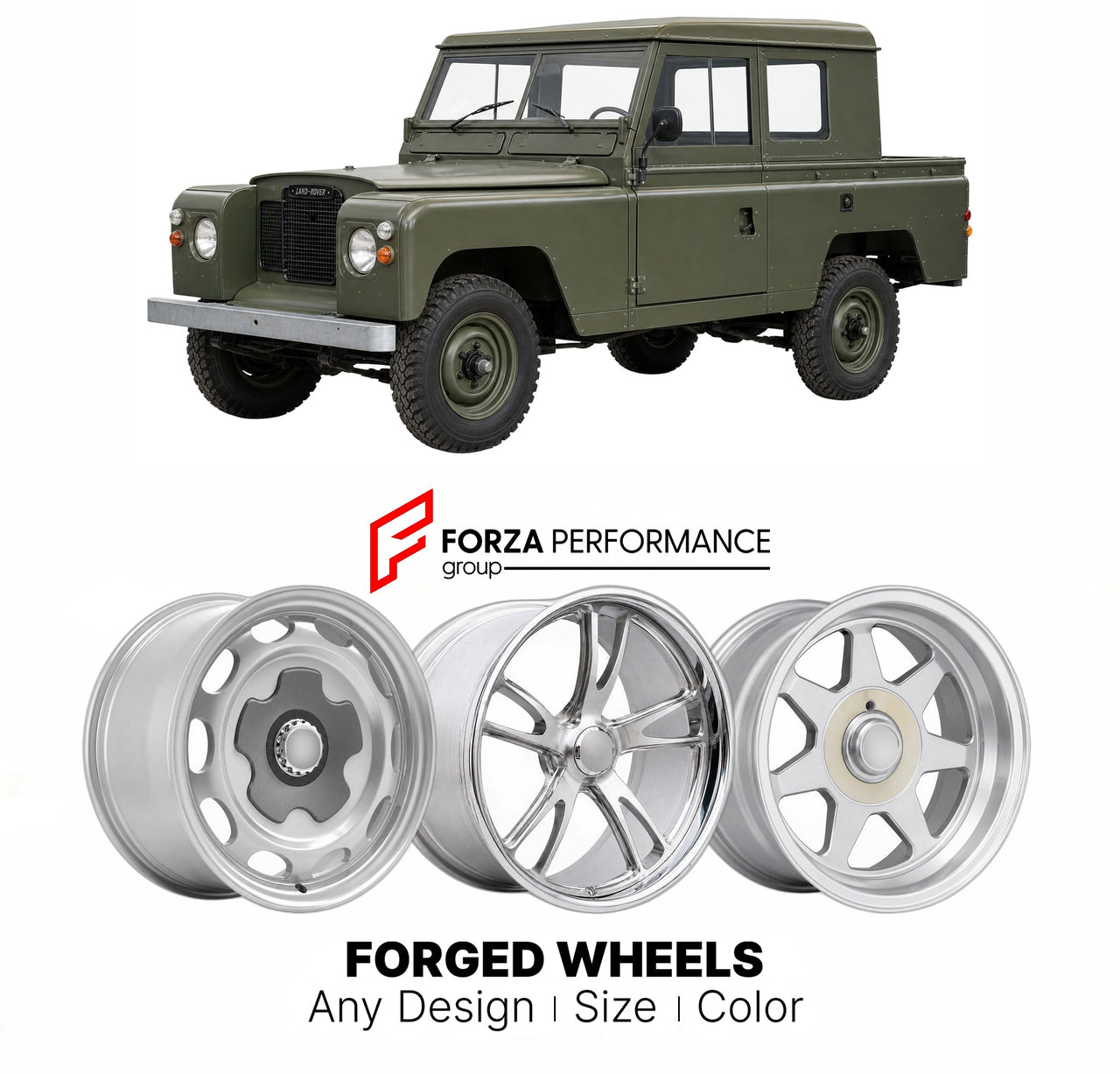 CUSTOM CLASSIC VINTAGE RESTOMOD RETRO OLD SCHOOL FORGED WHEELS RIMS for LAND ROVER SERIES III LIGHTWEIGHT AIR PORTABLE 1971 - 1984

Custom forged wheels for Land Rover Series III Lightweight Air Portable 1971 - 1984. Classic, vintage, restomod wheel designs made to order in custom sizes, offsets, colors and finishes.

We manufacture premium quality forged wheels rims for Land Rover Series III Lightweight Air Portable 1971 - 1984 in any design, size, color.

THIS WHEEL DESIGN CAN BE CUSTOM-MADE FOR YOUR CAR 