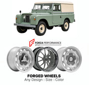 CUSTOM CLASSIC VINTAGE RESTOMOD RETRO OLD SCHOOL FORGED WHEELS RIMS for LAND ROVER SERIES II 1958 - 1961

Custom forged wheels for Land Rover Series II 1958 - 1961. Classic, vintage, restomod wheel designs made to order in custom sizes, offsets, colors and finishes.

We manufacture premium quality forged wheels rims for Land Rover Series II 1958 - 1961 in any design, size, color.

THIS WHEEL DESIGN CAN BE CUSTOM-MADE FOR YOUR CAR IN ANY SIZE AND COLOR OPTIONS
Available in monoblock, 2-piece, 3-piece, duoblo