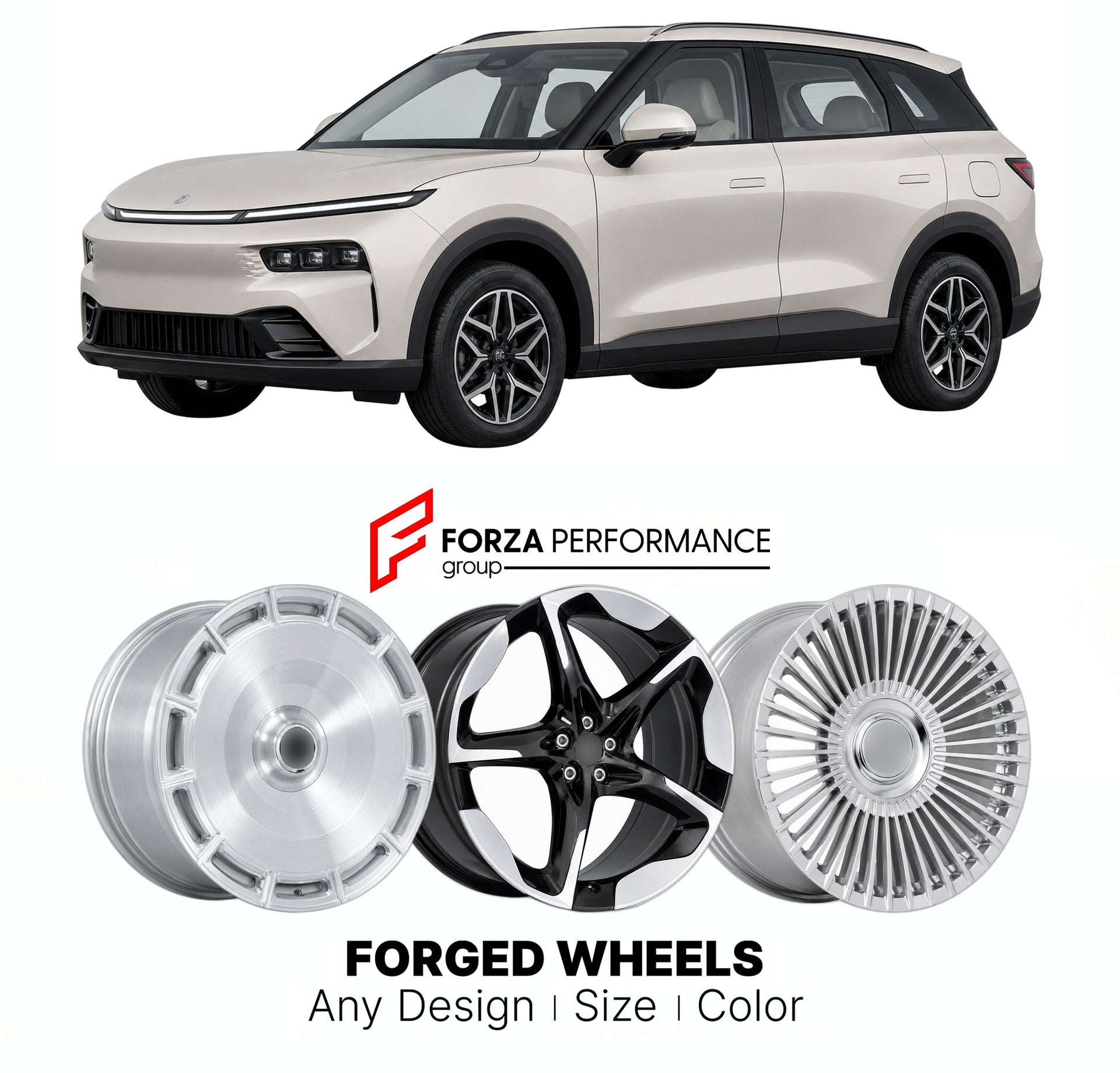 Custom forged wheels for Leapmotor A10 B03X 2026+. Made-to-order monoblock, 2-piece and 3-piece wheels in custom sizes, offsets, colors and finishes with guaranteed vehicle fitment.

We manufacture premium quality forged wheels rims for Leapmotor A10 B03X 2026+ in any design, size, color.

THIS WHEEL DESIGN CAN BE CUSTOM-MADE FOR YOUR CAR IN ANY SIZE AND COLOR OPTIONS
Available in monoblock, 2-piece, 3-piece, duoblock, beadlock
3D wheel renderings are provided according to the exact dimensions and specifica