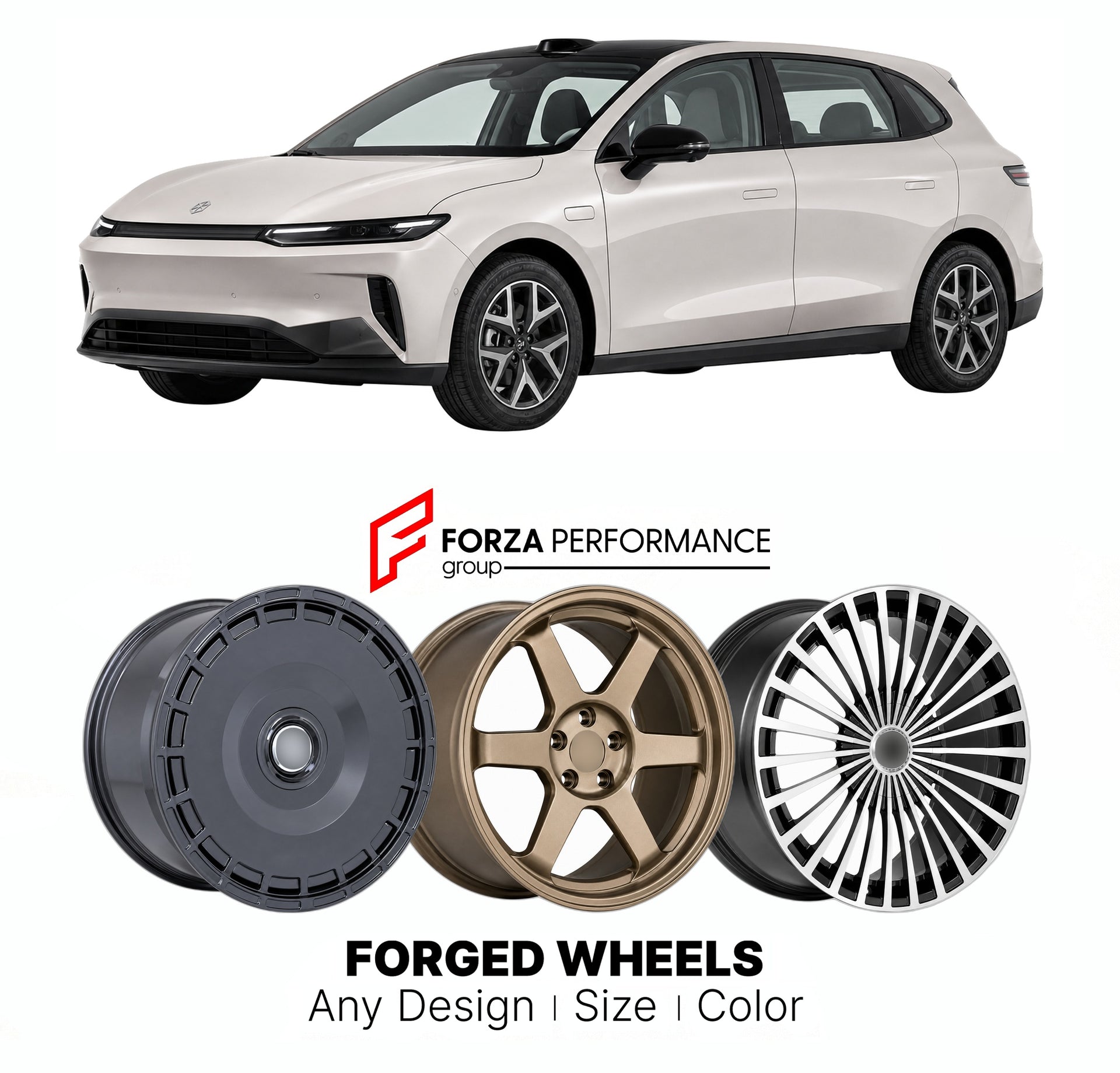 Custom forged wheels for Leapmotor B05 Lafa 5 2025+. Made-to-order monoblock, 2-piece and 3-piece wheels in custom sizes, offsets, colors and finishes with guaranteed vehicle fitment.

We manufacture premium quality forged wheels rims for Leapmotor B05 Lafa 5 2025+ in any design, size, color.

THIS WHEEL DESIGN CAN BE CUSTOM-MADE FOR YOUR CAR IN ANY SIZE AND COLOR OPTIONS
Available in monoblock, 2-piece, 3-piece, duoblock, beadlock
3D wheel renderings are provided according to the exact dimensions and speci