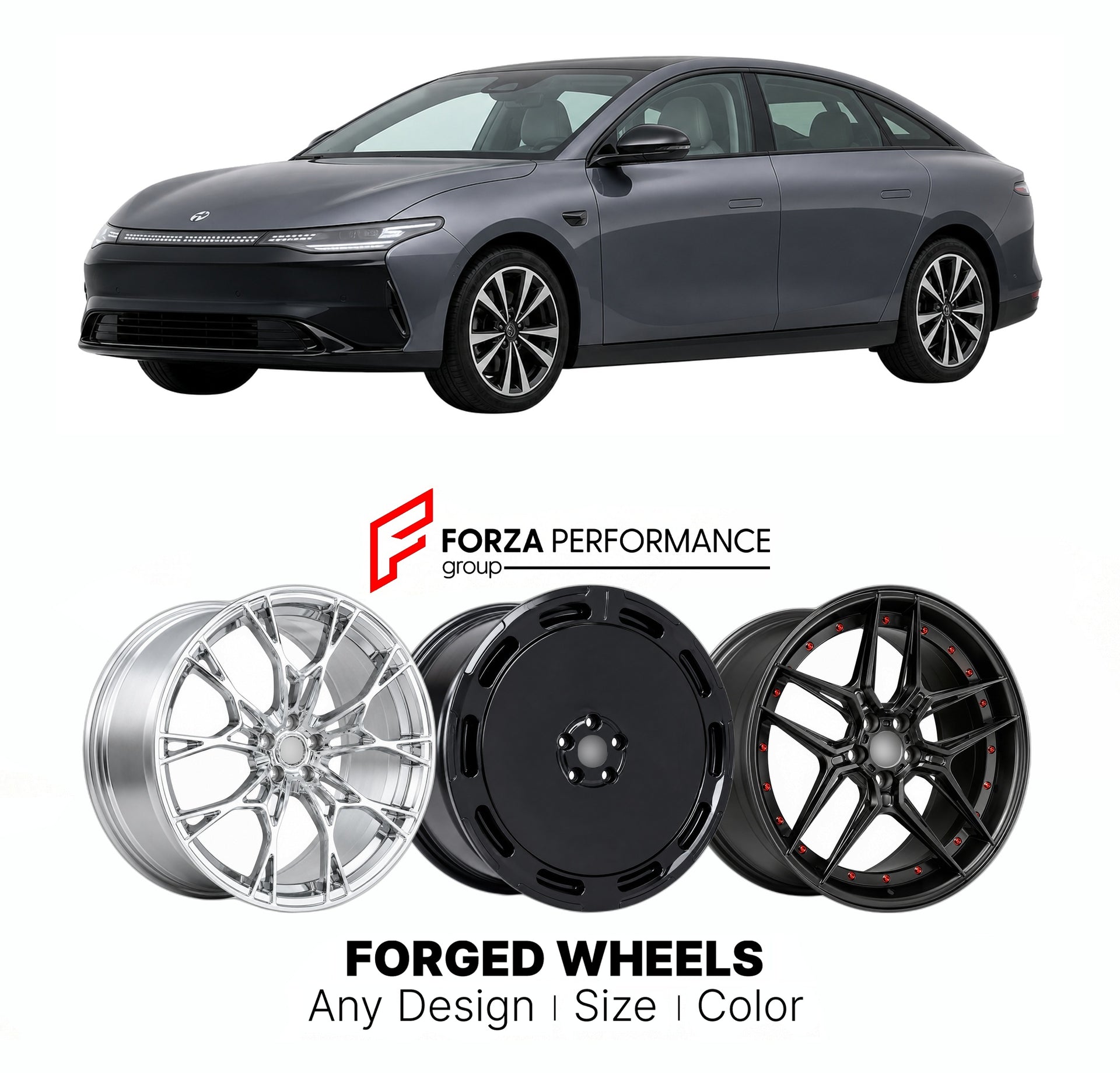Custom forged wheels for Leapmotor C01 2022+. Made-to-order monoblock, 2-piece and 3-piece wheels in custom sizes, offsets, colors and finishes with guaranteed vehicle fitment.

We manufacture premium quality forged wheels rims for Leapmotor C01 2022+ in any design, size, color.

THIS WHEEL DESIGN CAN BE CUSTOM-MADE FOR YOUR CAR IN ANY SIZE AND COLOR OPTIONS
Available in monoblock, 2-piece, 3-piece, duoblock, beadlock
3D wheel renderings are provided according to the exact dimensions and specifications requ