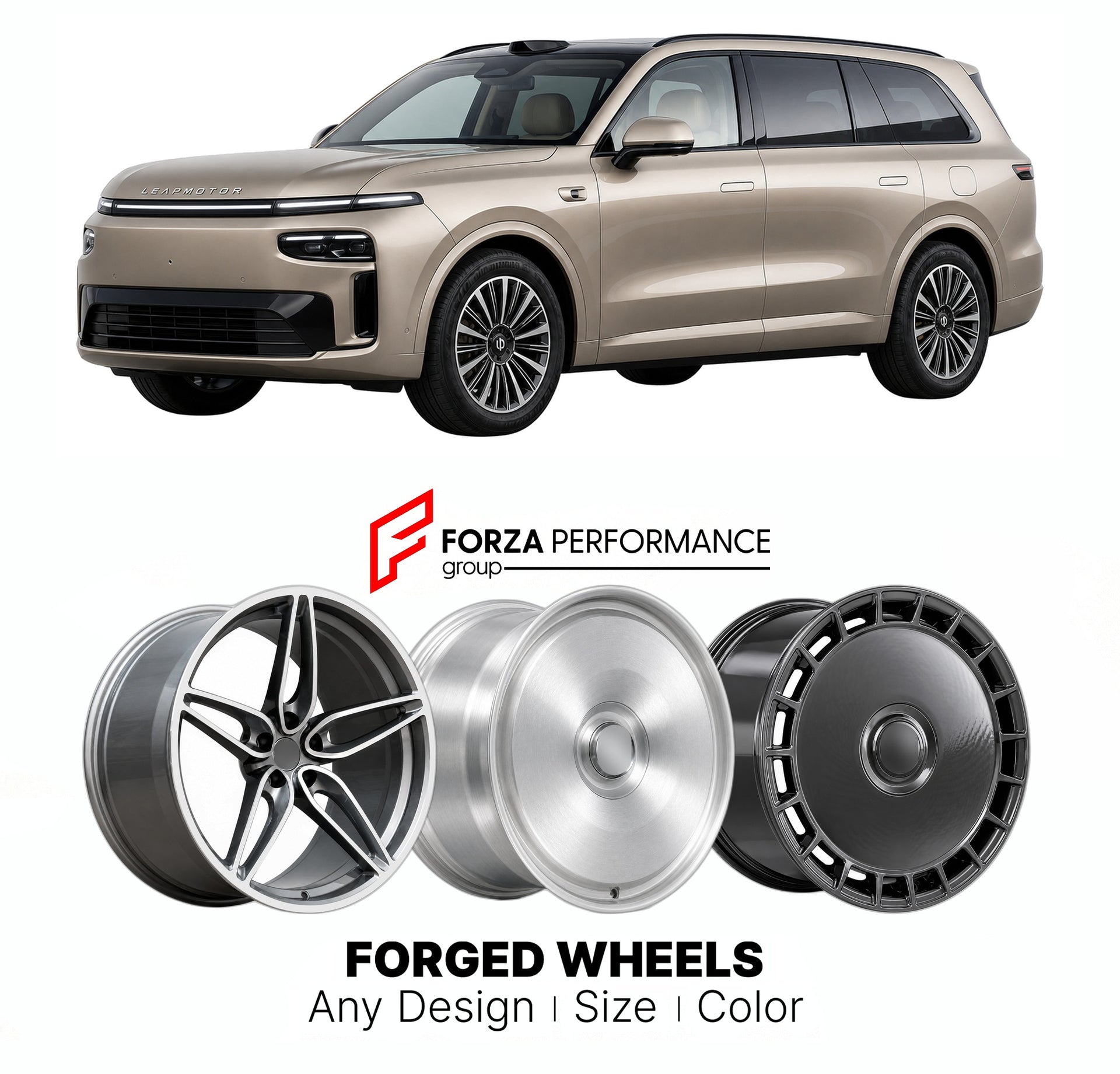 Custom forged wheels for Leapmotor D19 2026+. Made-to-order monoblock, 2-piece and 3-piece wheels in custom sizes, offsets, colors and finishes with guaranteed vehicle fitment.

We manufacture premium quality forged wheels rims for Leapmotor D19 2026+ in any design, size, color.

THIS WHEEL DESIGN CAN BE CUSTOM-MADE FOR YOUR CAR IN ANY SIZE AND COLOR OPTIONS
Available in monoblock, 2-piece, 3-piece, duoblock, beadlock
3D wheel renderings are provided according to the exact dimensions and specifications requ