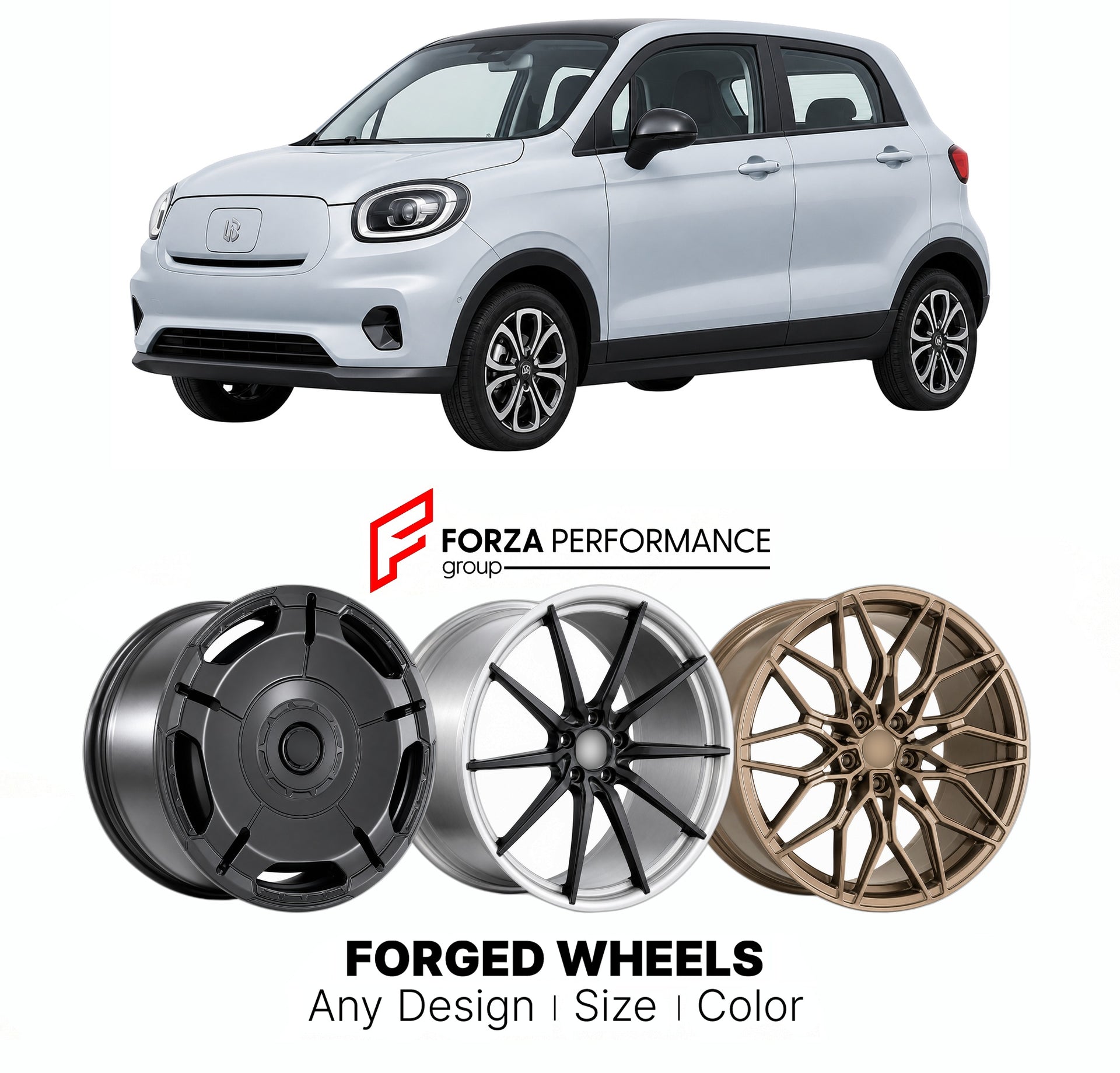Custom forged wheels for Leapmotor T03 2020+. Made-to-order monoblock, 2-piece and 3-piece wheels in custom sizes, offsets, colors and finishes with guaranteed vehicle fitment.

We manufacture premium quality forged wheels rims for Leapmotor T03 2020+ in any design, size, color.

THIS WHEEL DESIGN CAN BE CUSTOM-MADE FOR YOUR CAR IN ANY SIZE AND COLOR OPTIONS
Available in monoblock, 2-piece, 3-piece, duoblock, beadlock
3D wheel renderings are provided according to the exact dimensions and specifications requ