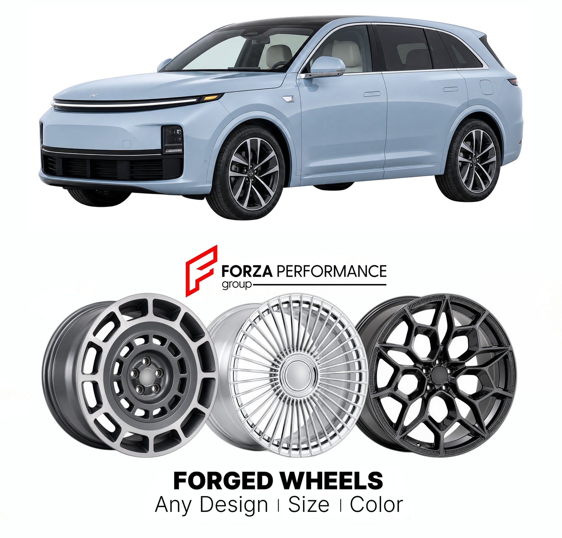 Custom forged wheels for Li Auto Li Xiang L7 2023+. Made-to-order monoblock, 2-piece and 3-piece wheels in custom sizes, offsets, colors and finishes with guaranteed vehicle fitment.

We manufacture premium quality forged wheels rims for Li Auto Li Xiang L7 2023+ in any design, size, color.

THIS WHEEL DESIGN CAN BE CUSTOM-MADE FOR YOUR CAR IN ANY SIZE AND COLOR OPTIONS
Available in monoblock, 2-piece, 3-piece, duoblock, beadlock
3D wheel renderings are provided according to the exact dimensions and specifi